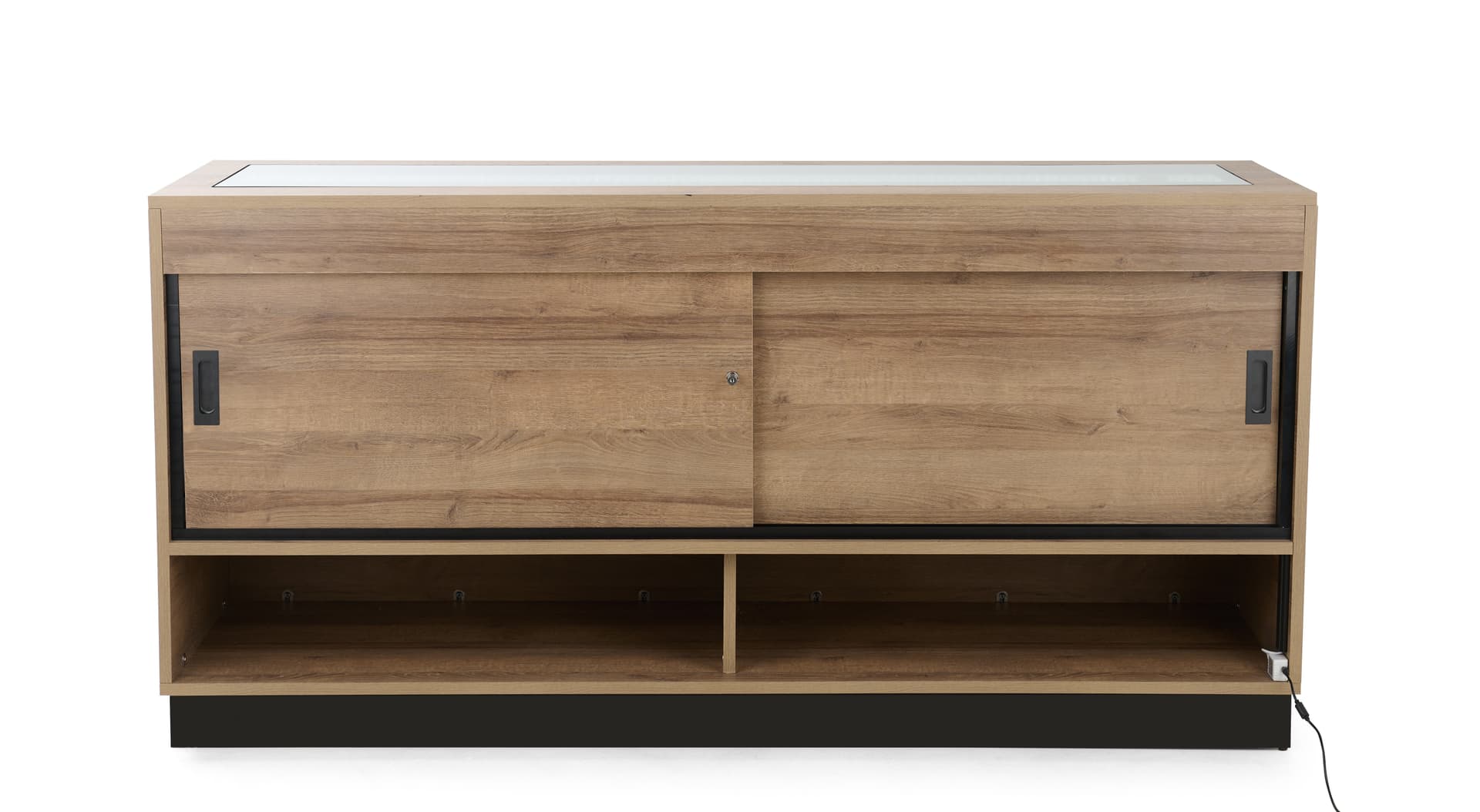 Wooden display showcase with open storage