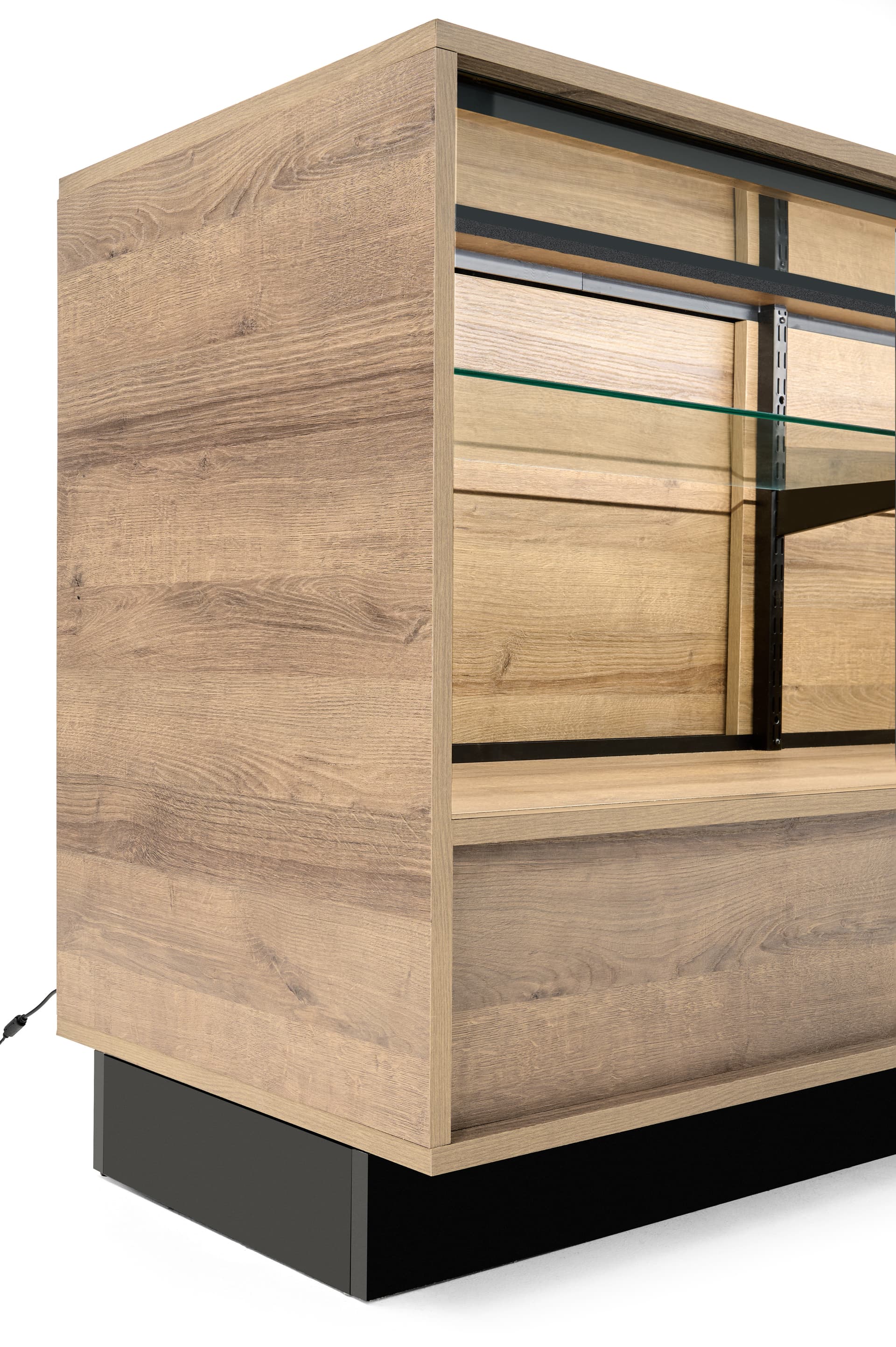 Wooden display showcase with black toe kick 