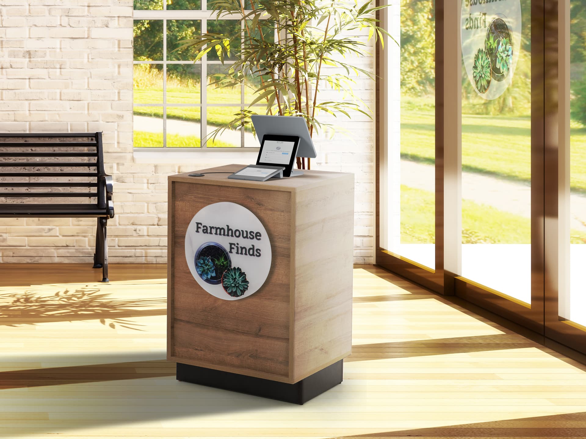 Acrylic add on sign shown on the wood host stand, sold separately