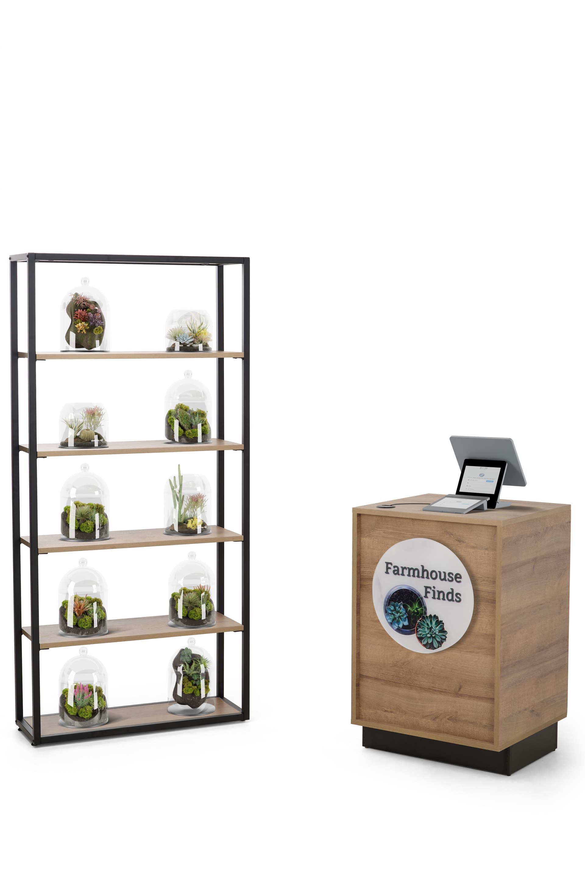 Wood host stand paired with rustic shelf for a cohesive display