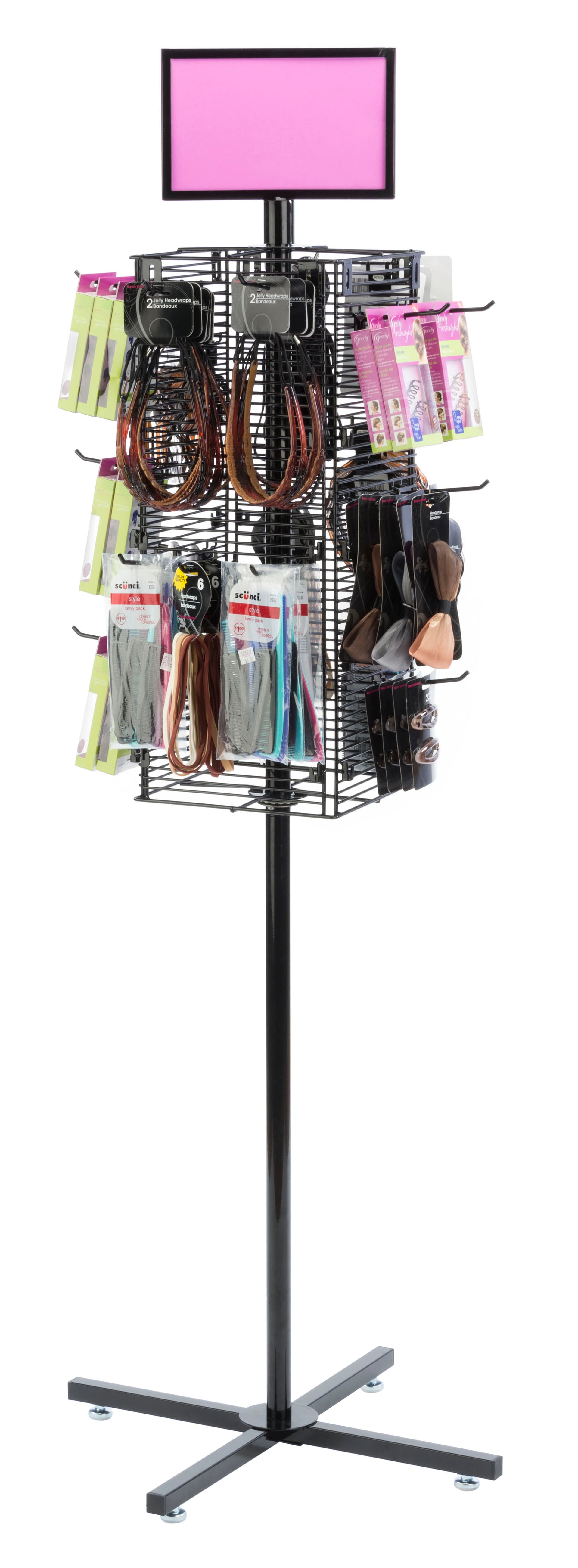 Rotating Grid Rack Propped with Merchandise