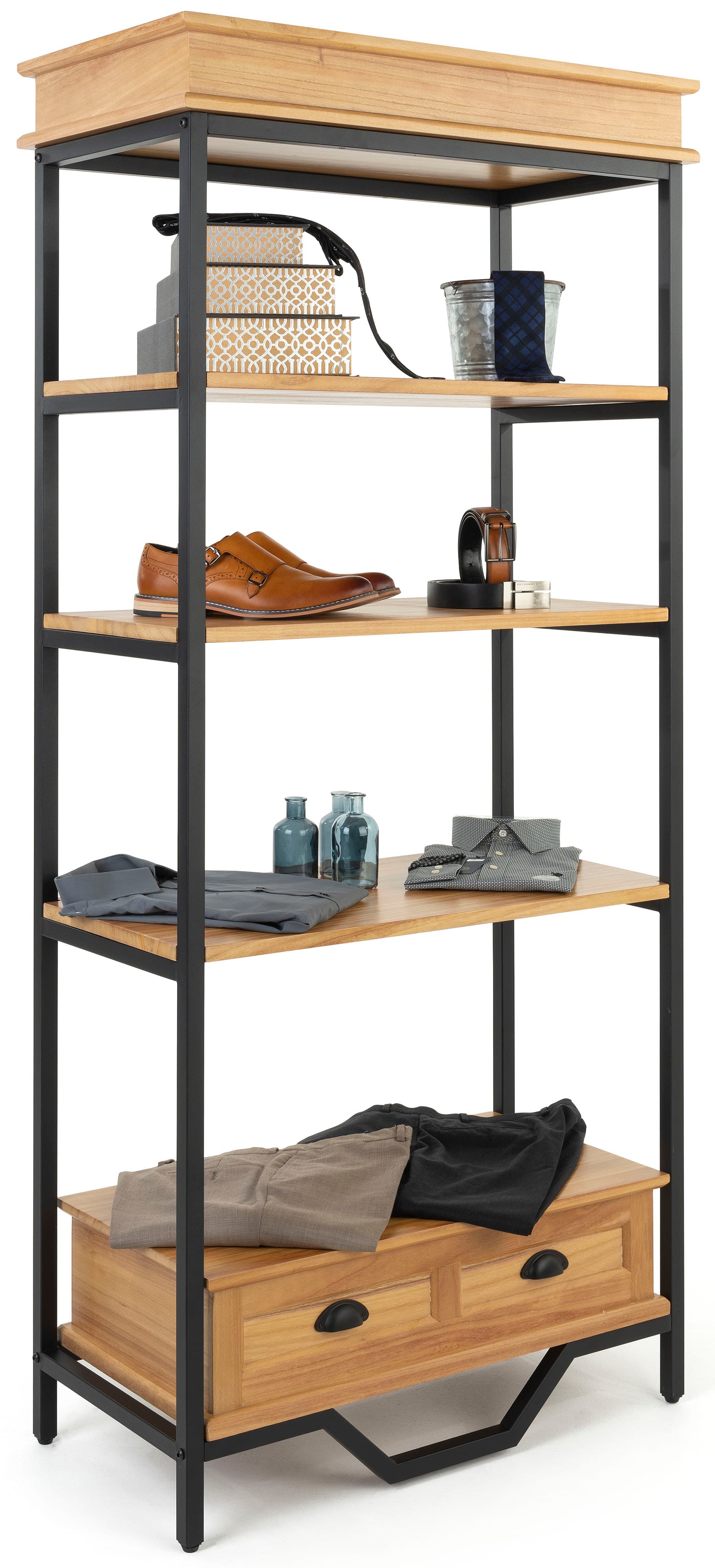 Easy to assemble french industrial bookshelf etagere with powdered coated frame