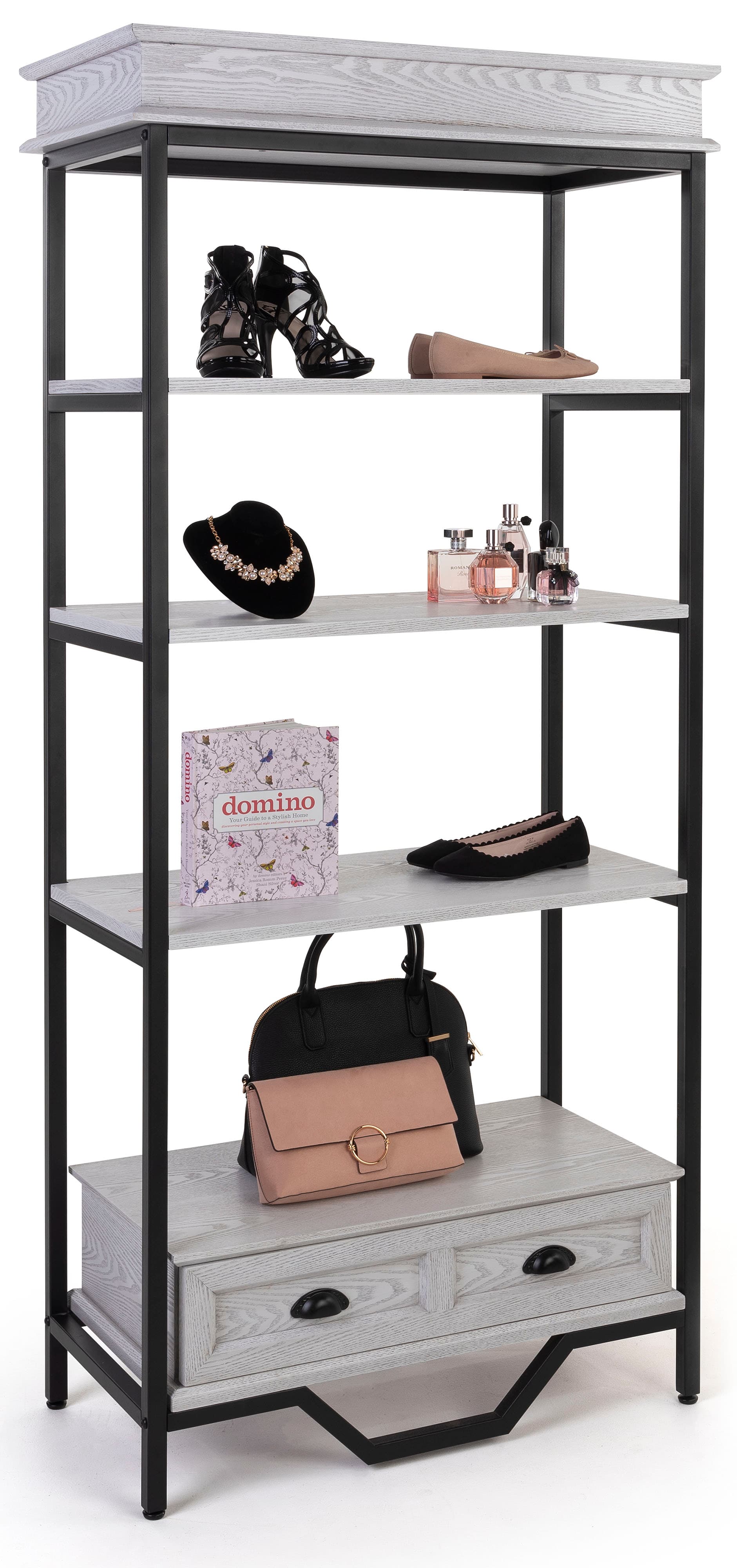 French country etagere shelving with shelf clearance of 13.75 inches