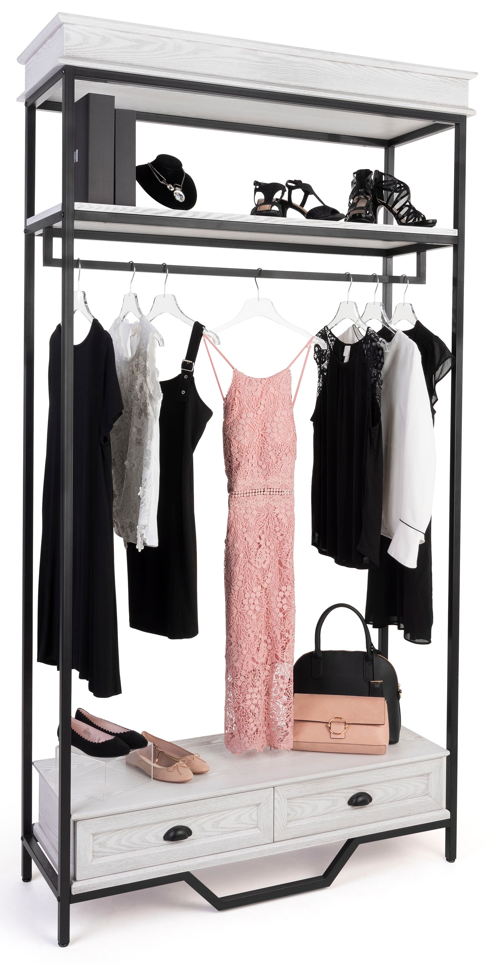 Farmhouse industrial clothing rack has a shelf capacity of 100 pounds