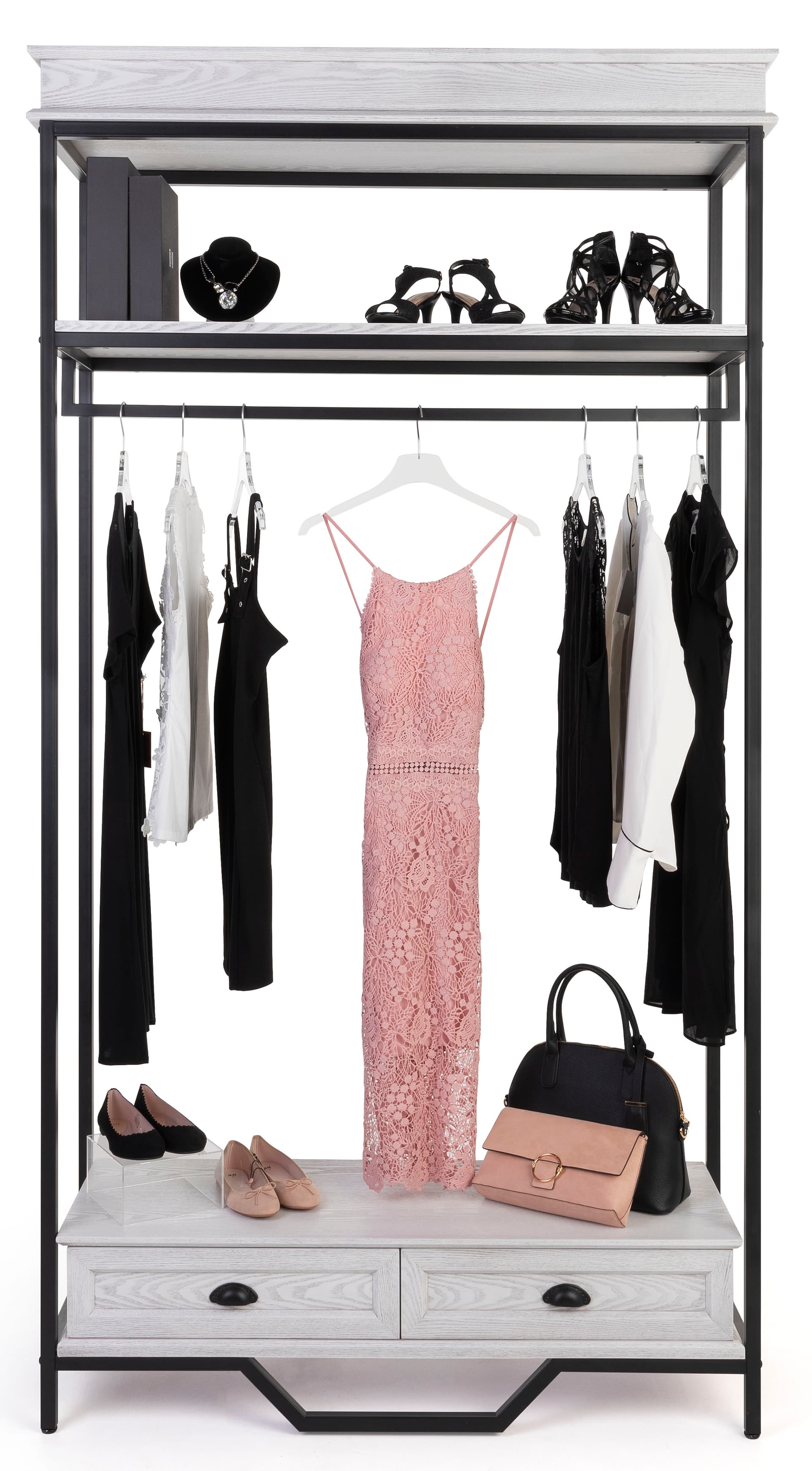 Farmhouse industrial clothing rack has an overall height of 72 inches