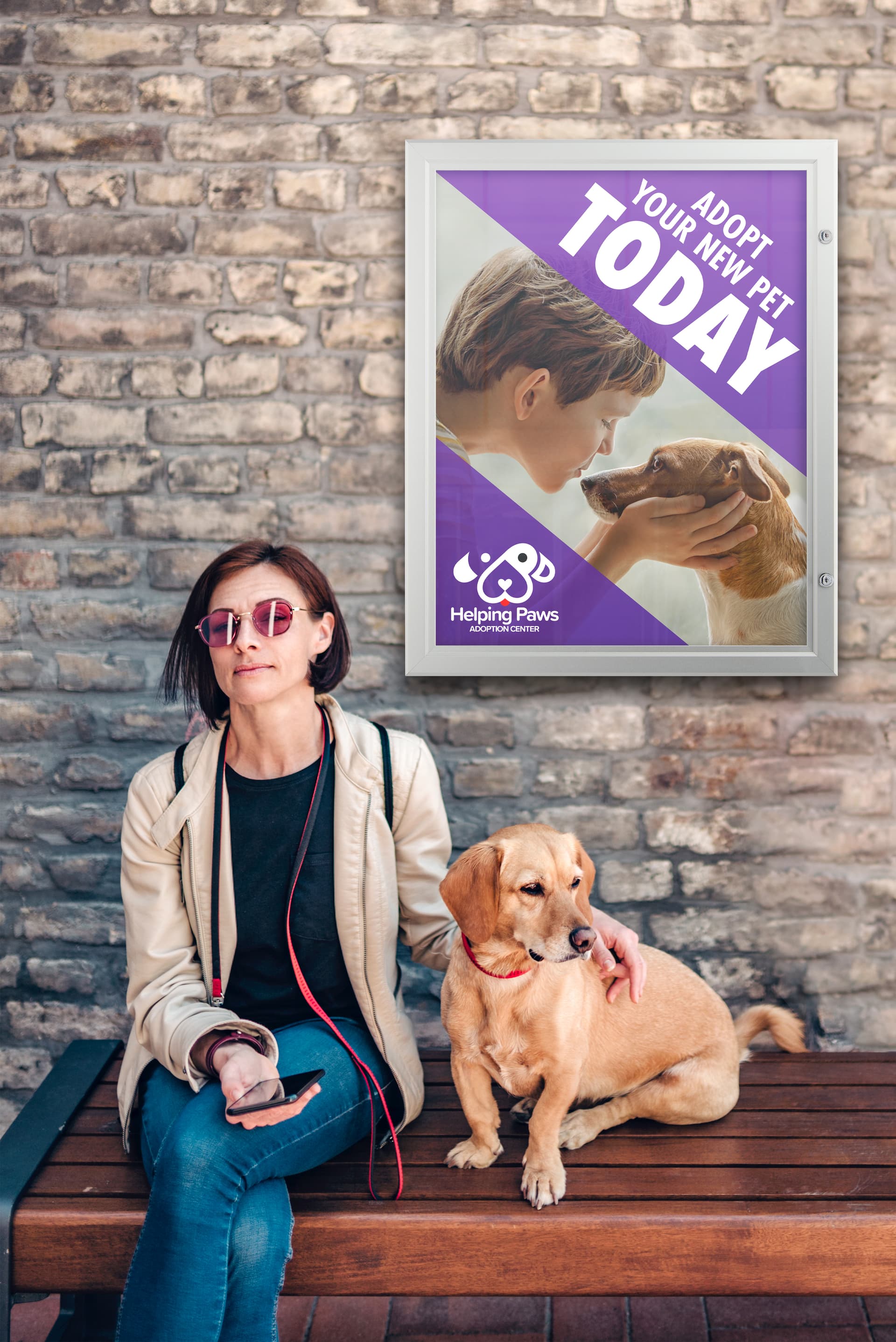 Locking poster frame on with pet adoption advertisement