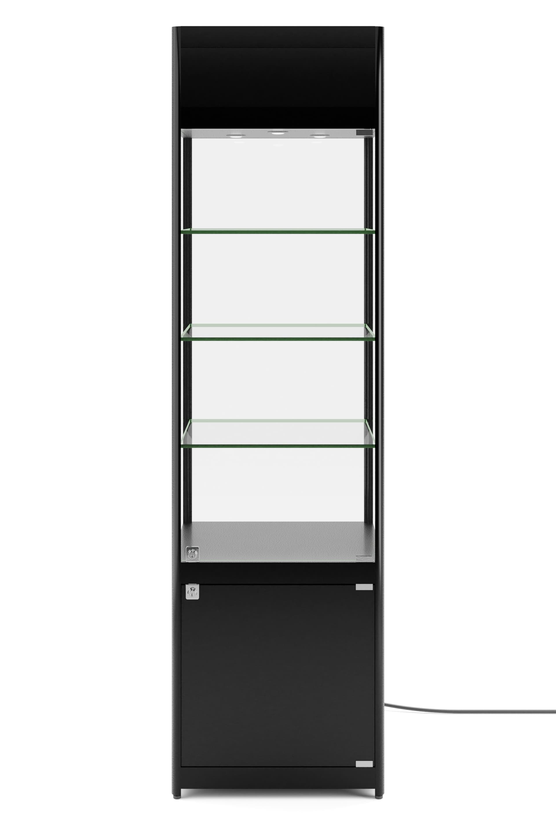 LED retail tower with glass shelves