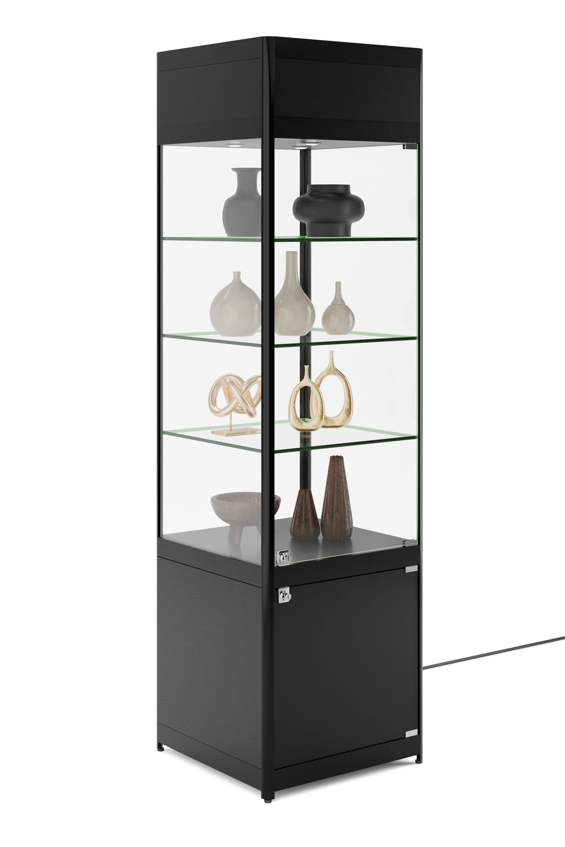LED retail tower with adjustable glass shelves