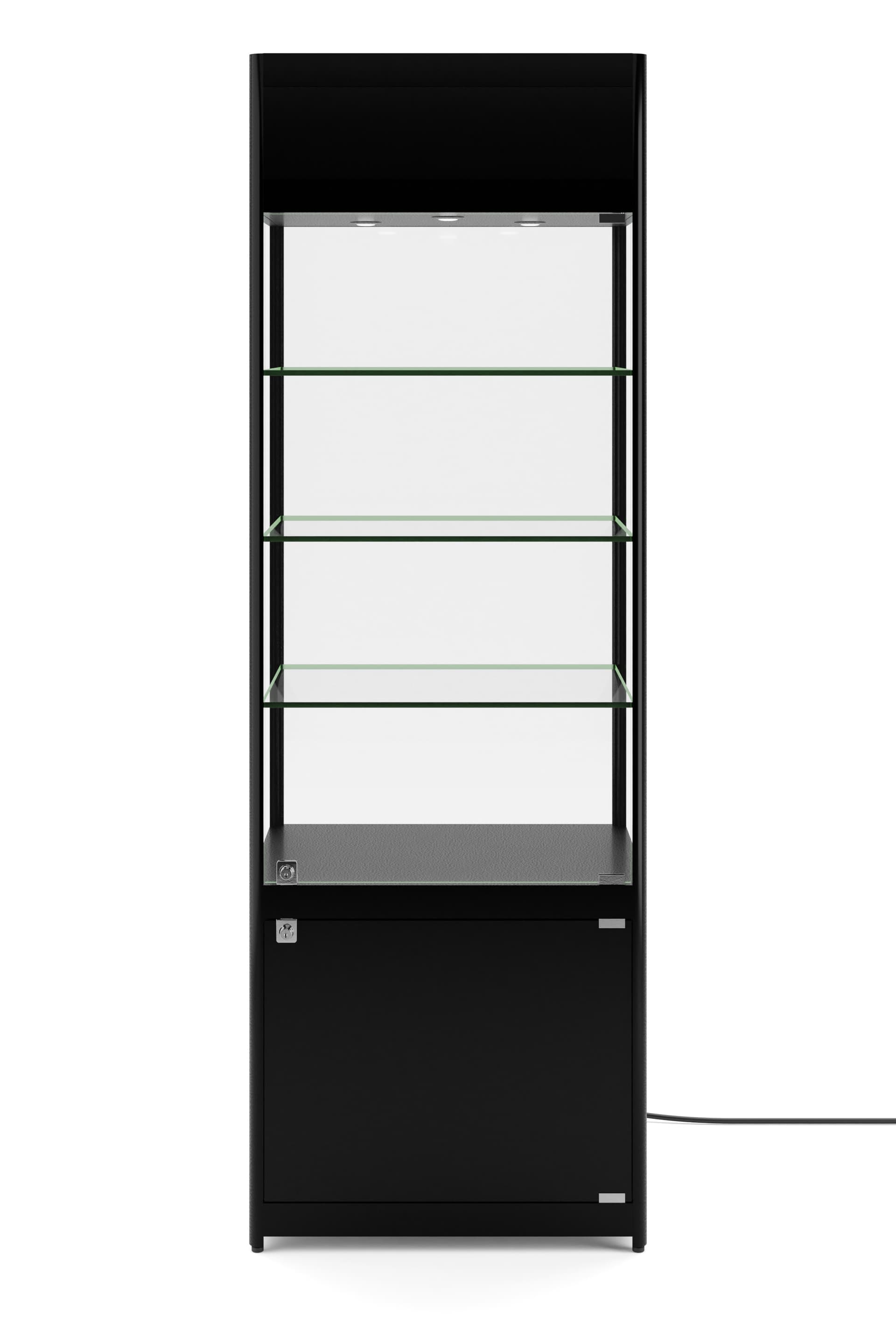 LED retail display tower has a storage cabinet below display area