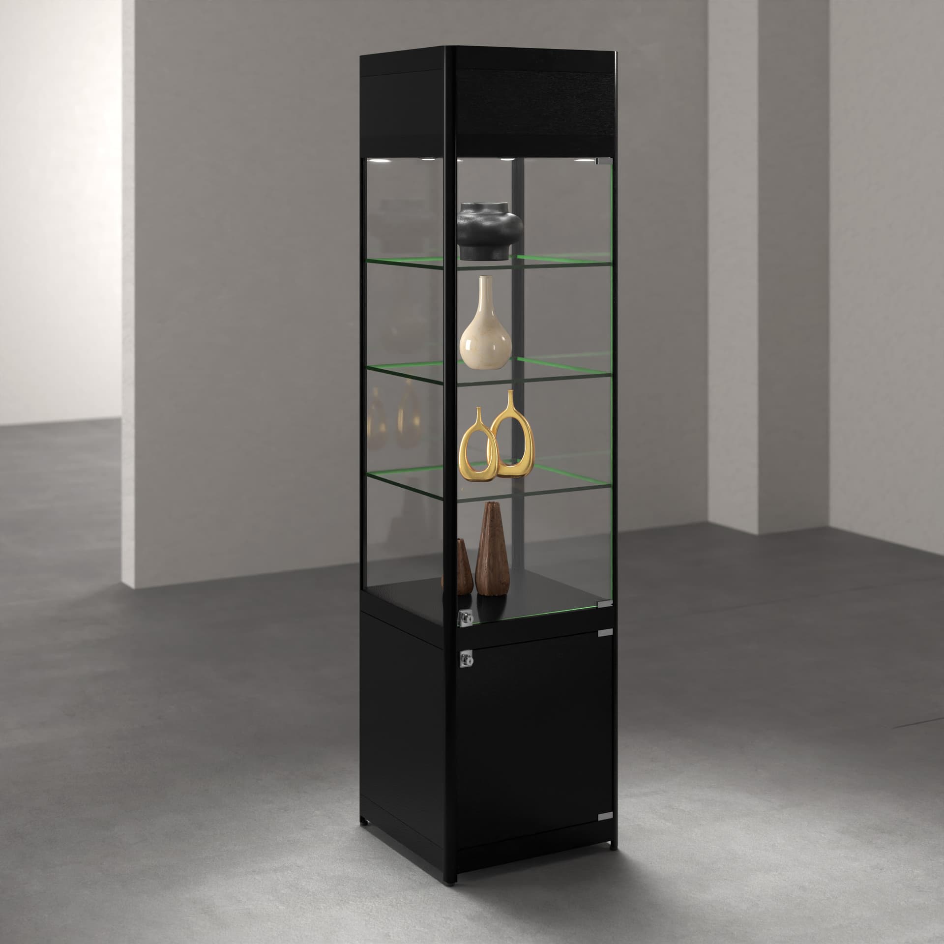 LED display case tower in retail space