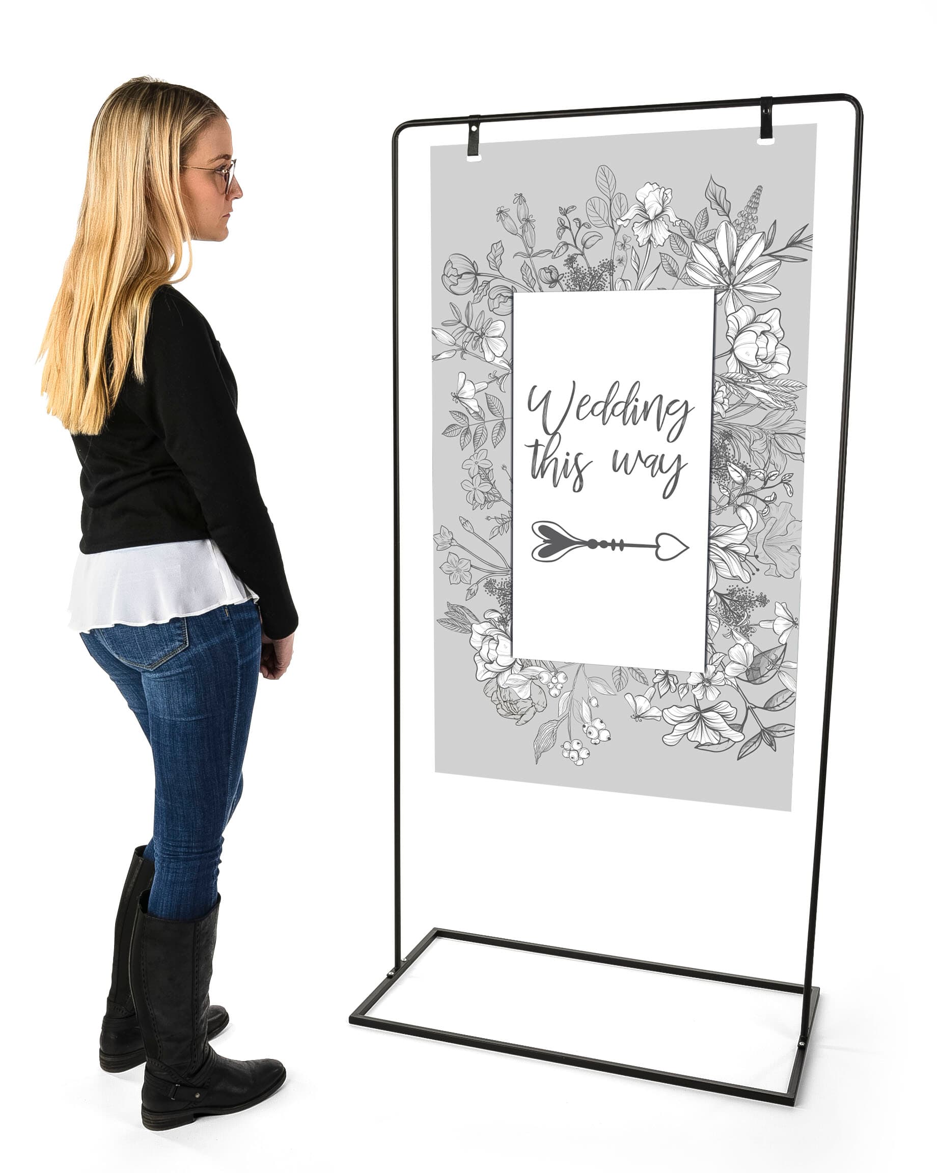 Minimalist sign stand with overall height of 68.5 inches