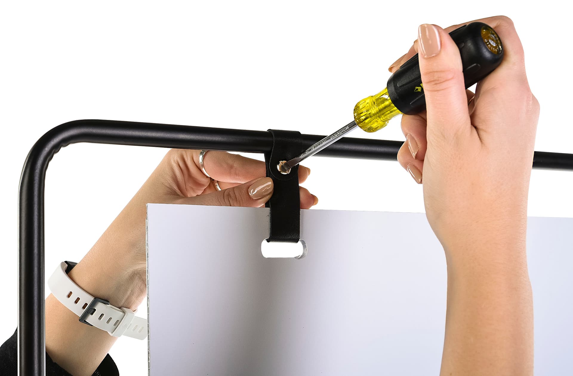 Minimalist sign stand with flat head screw hanging mechanism 