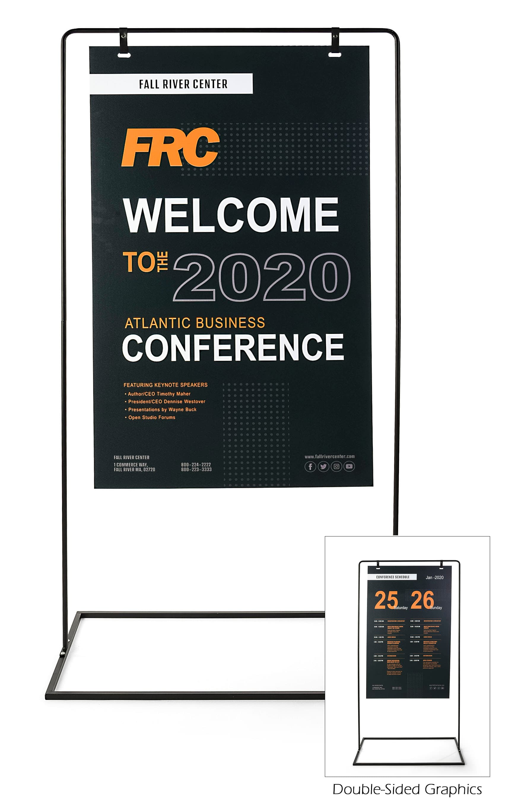 Minimal hanging signage stand with full color double sided graphics