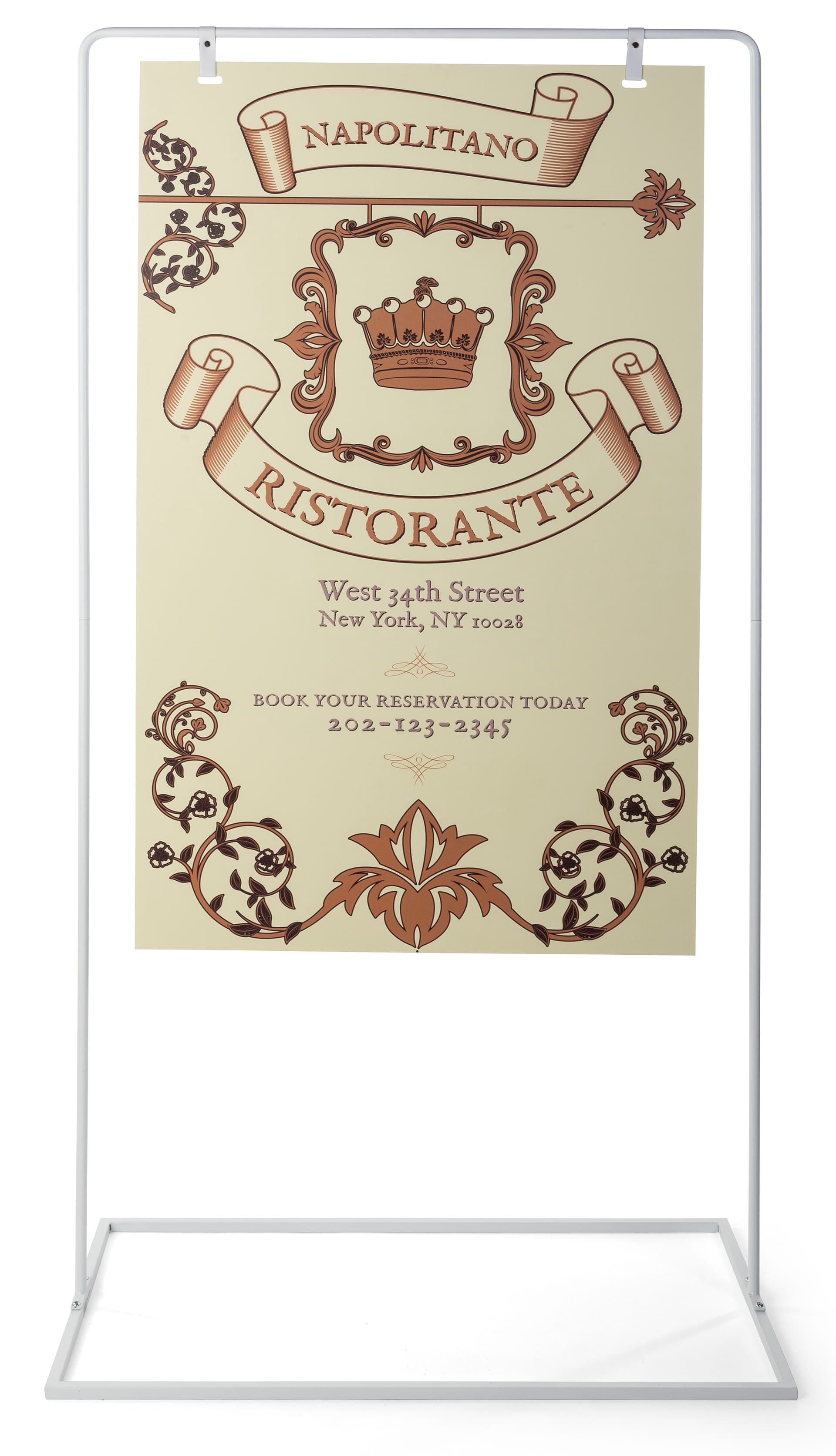 Minimalist white freestanding signage with high quality digital UV printing