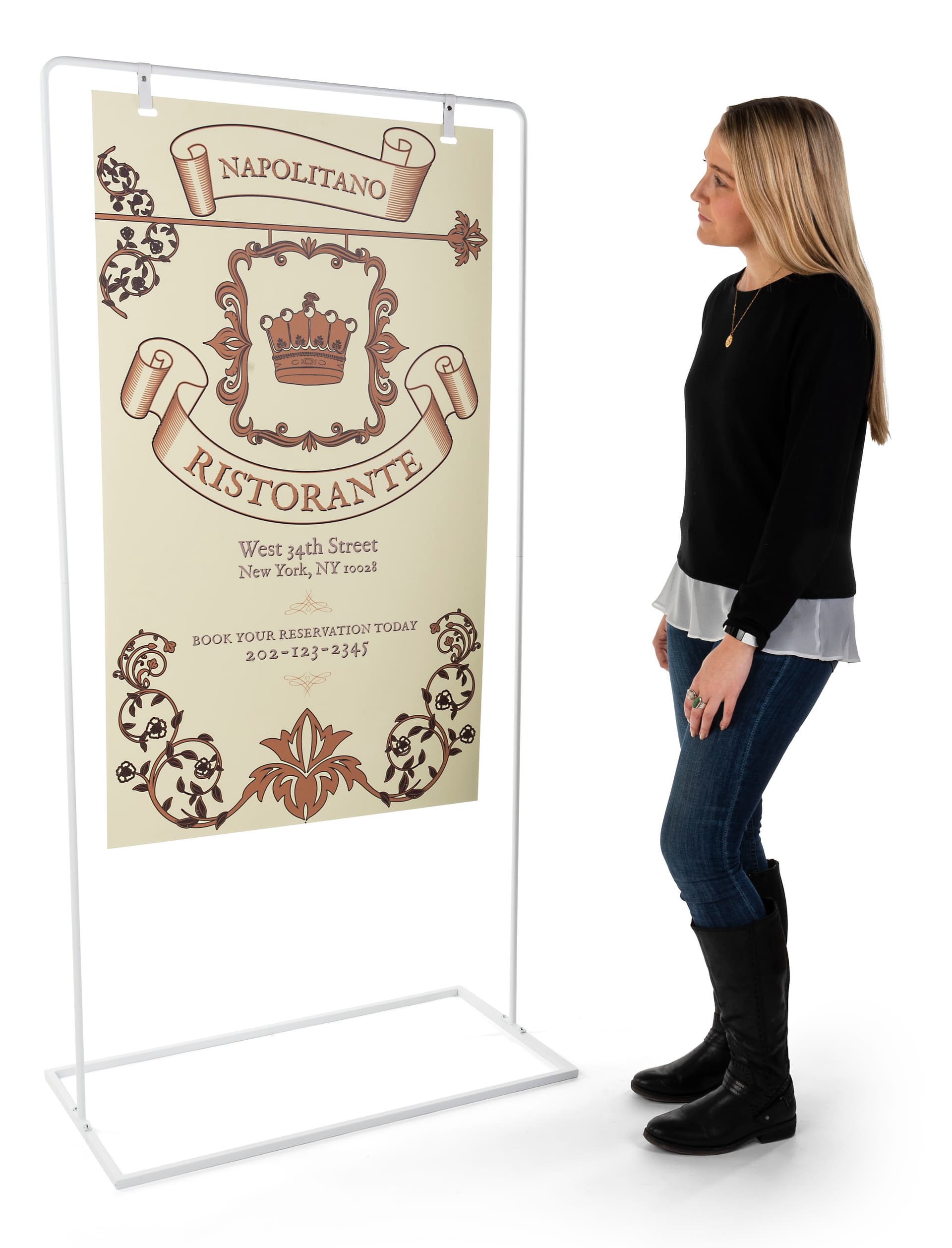 Minimalist white freestanding signage with overall height of 68.5 inches