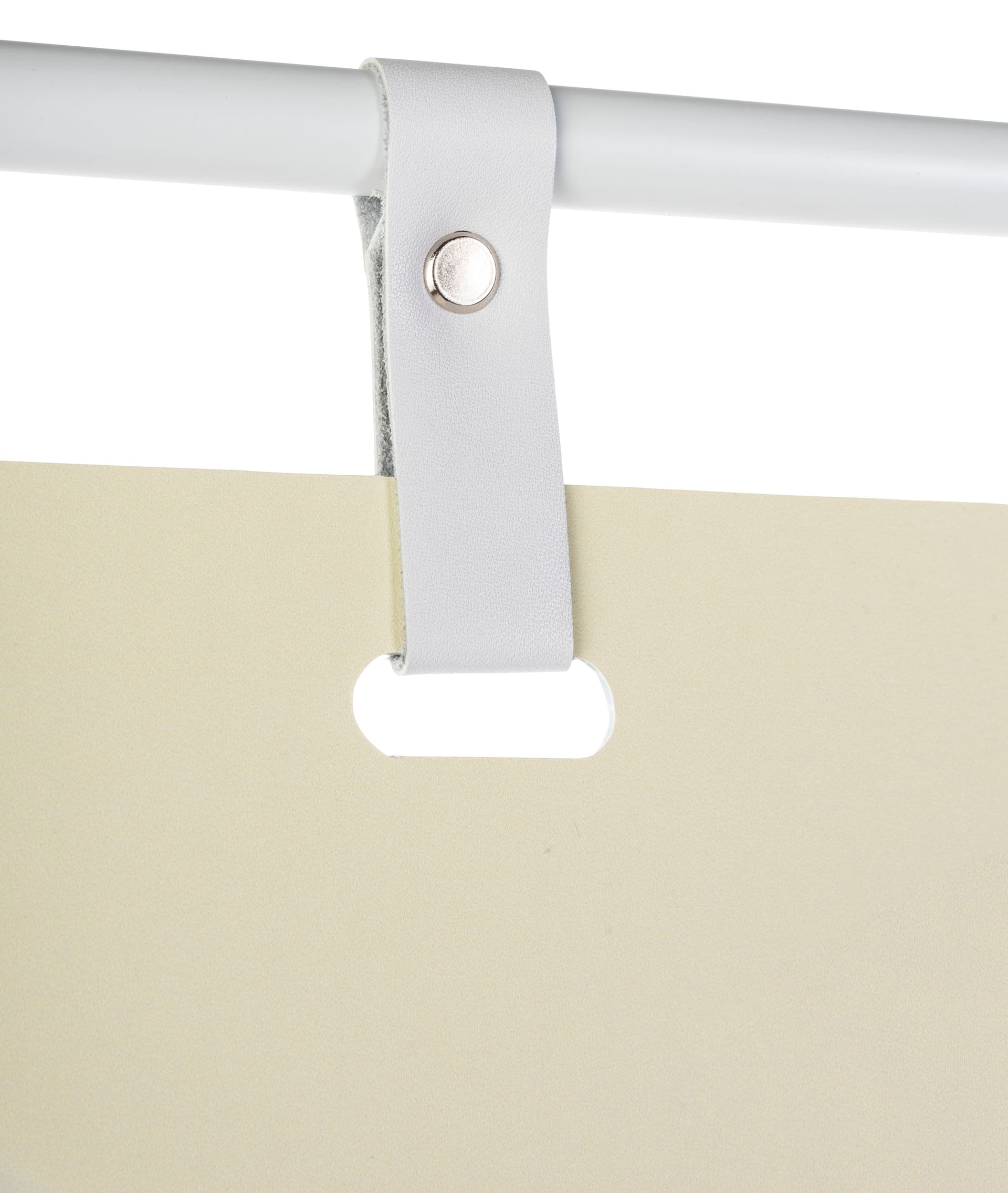 Minimalist white signage stand with modern faux leather hanging straps