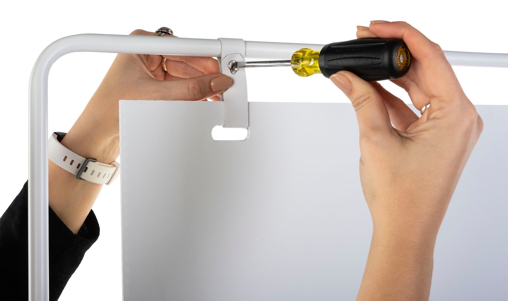 Minimalist white signage stand with flat head screw assembly 
