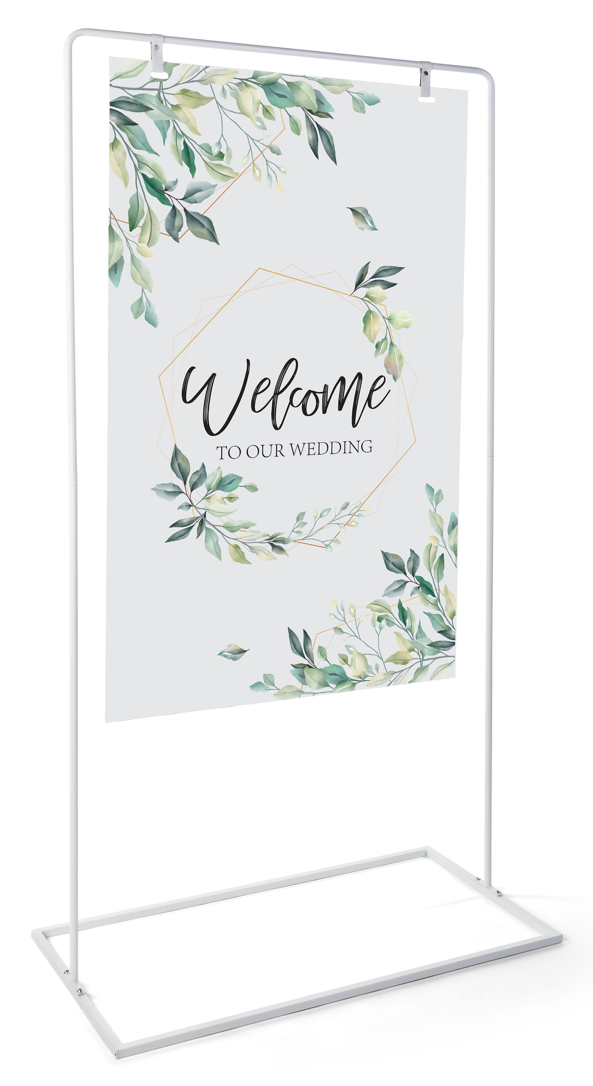 Minimalist white freestanding signage with full color single sided graphics