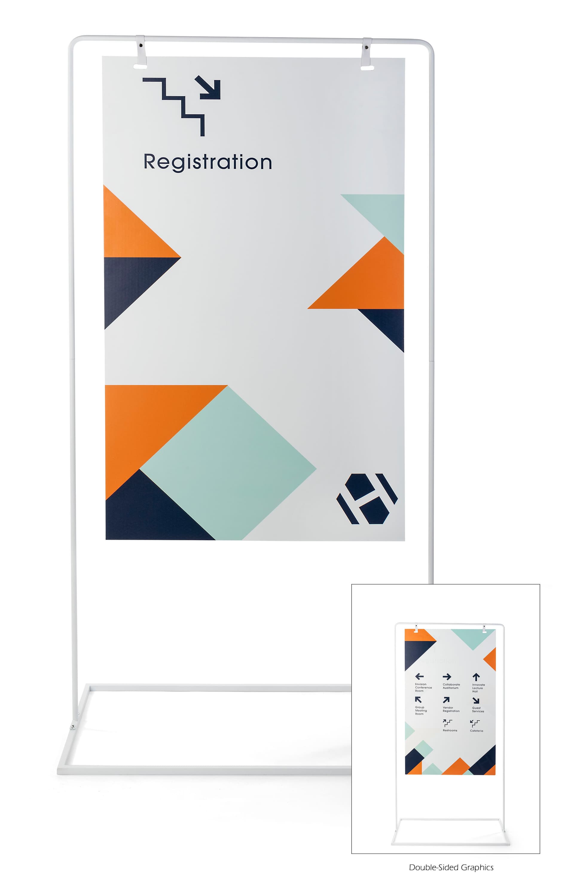 Minimalist white signage stand with full color double sided graphics