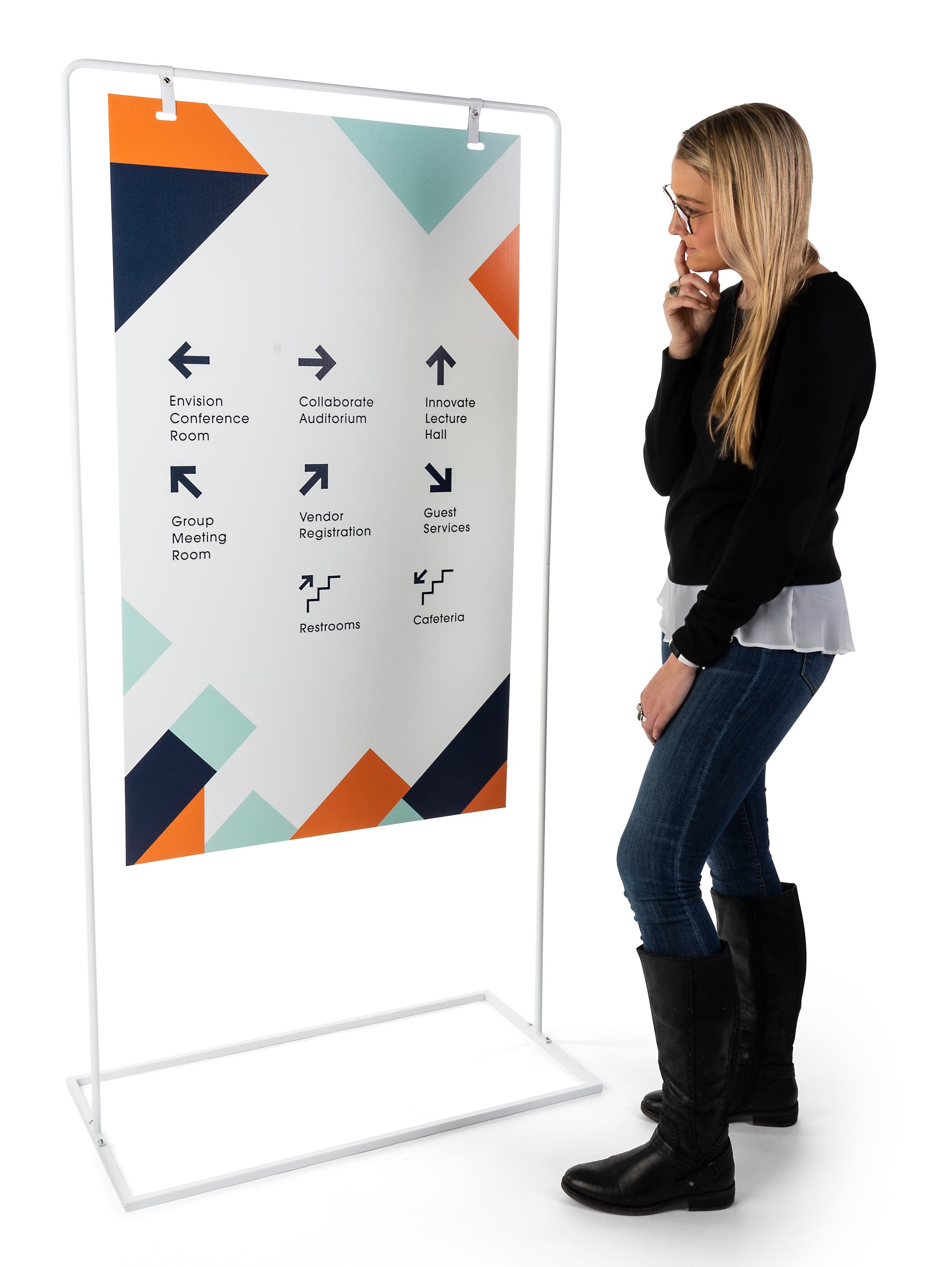 Minimalist white signage stand with a height of 68.5 inches