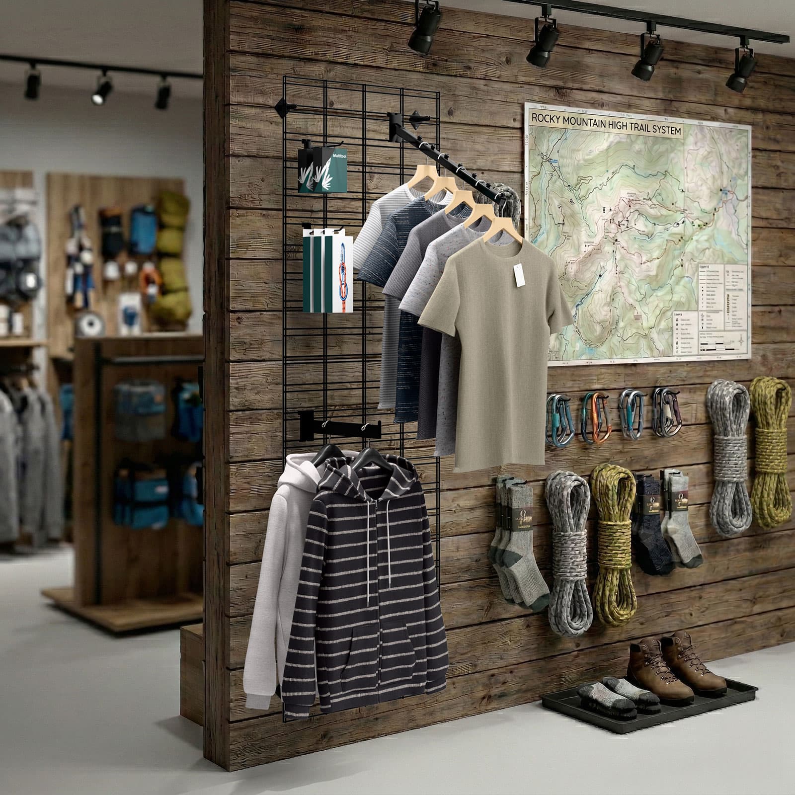 Slatgrid panel mounted to wall in a retail setting