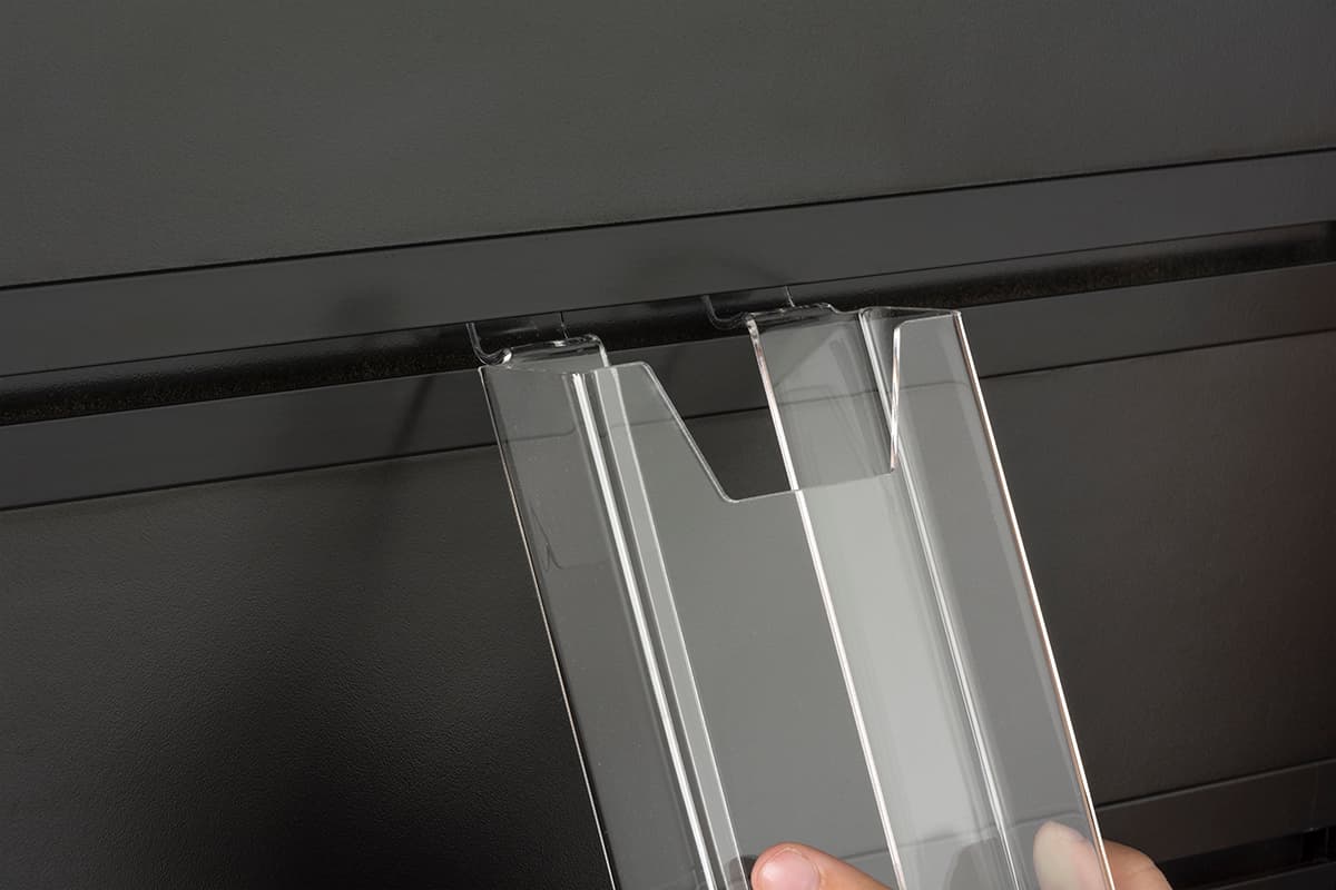 Slatwall Lobby Display with Leaflet Holders on Aluminum Channels