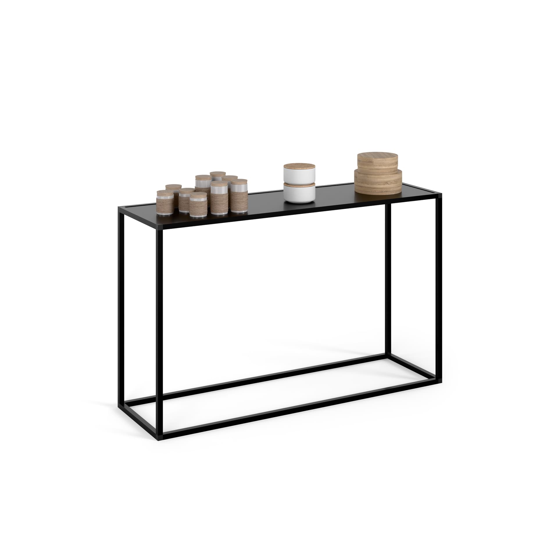 Black console table with low-profile design