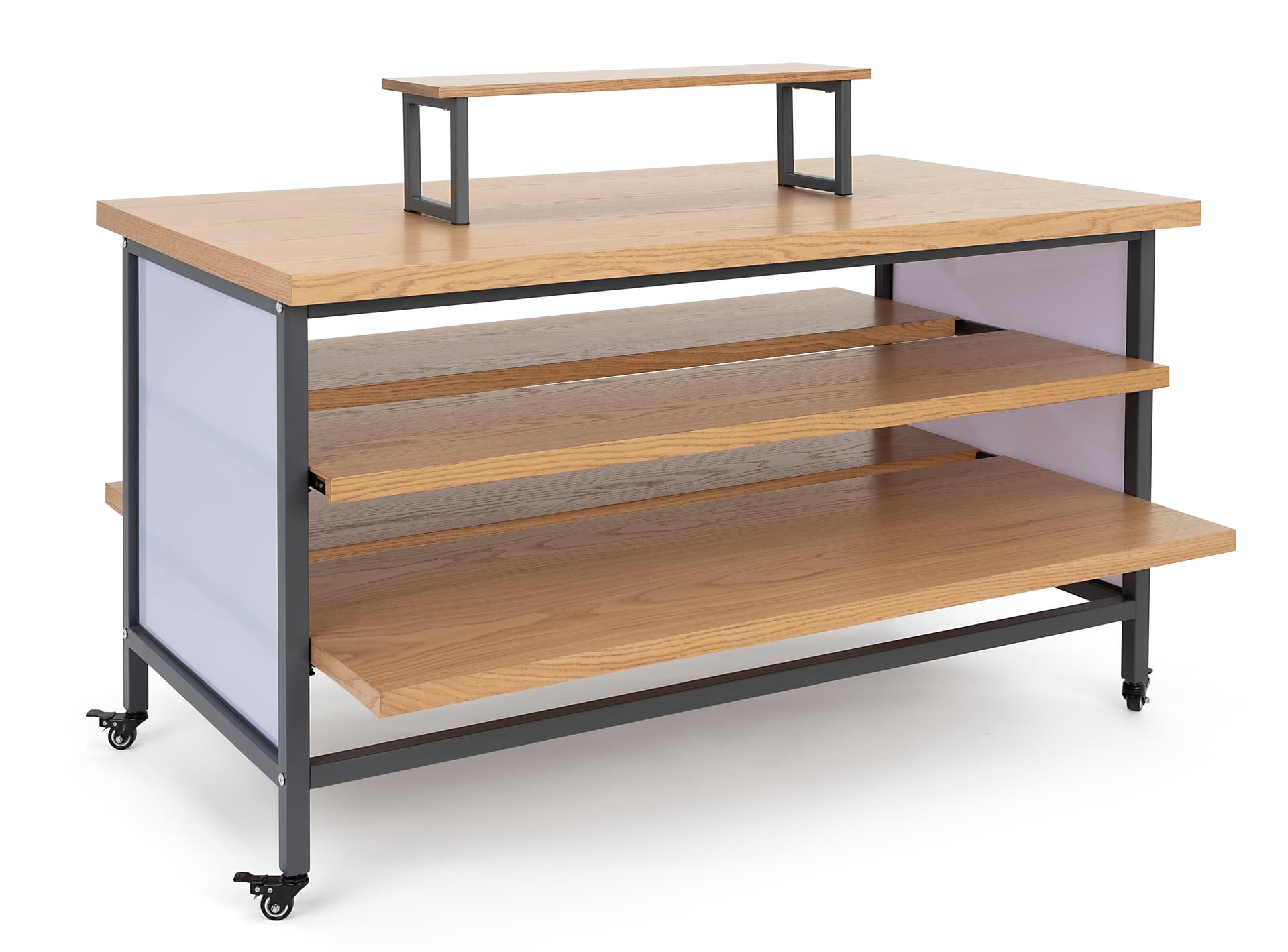 Tiered display table with wheels and gray powder coated steel frame