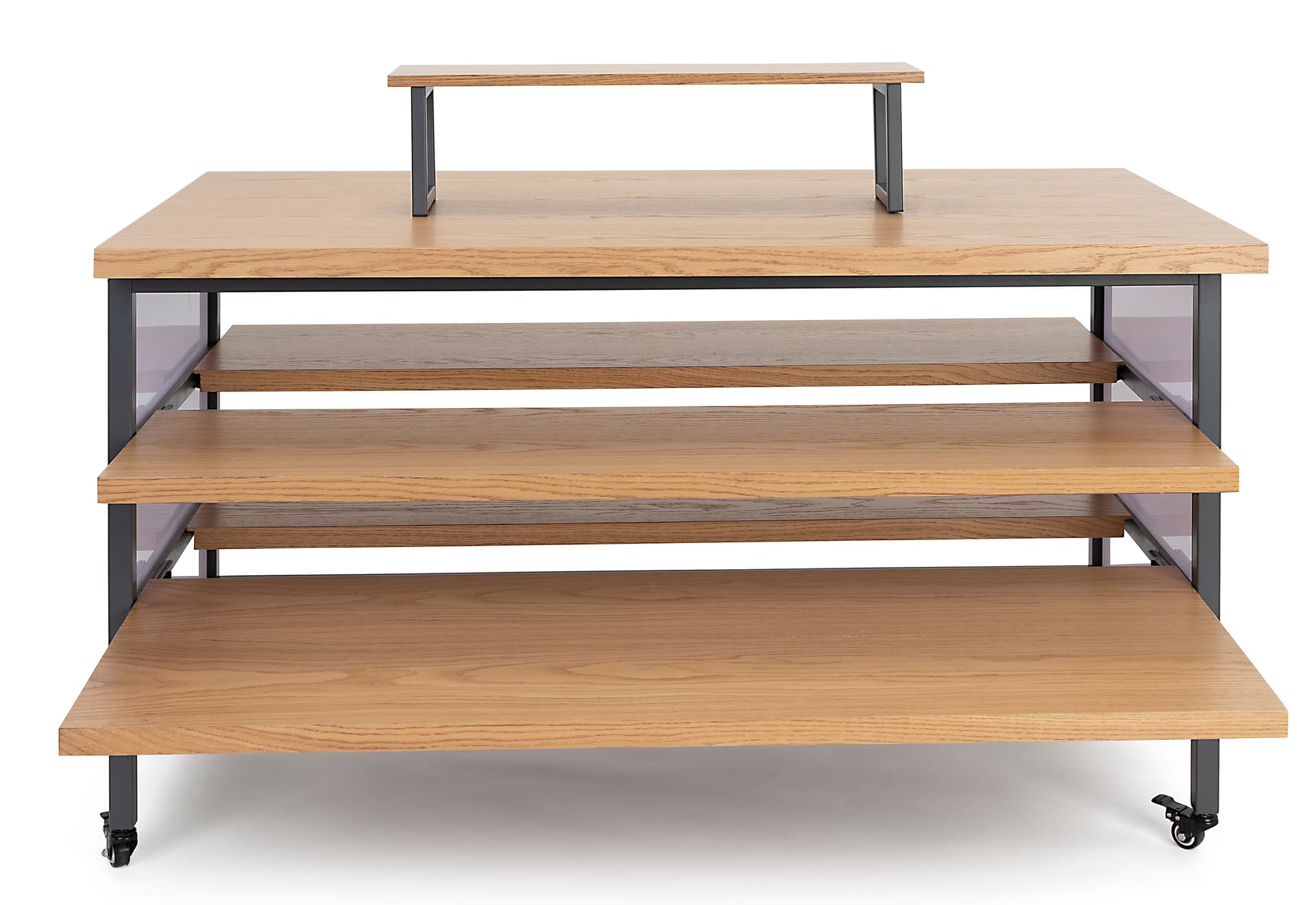 Tiered display table with wheels and oak colored veneered MDF shelves