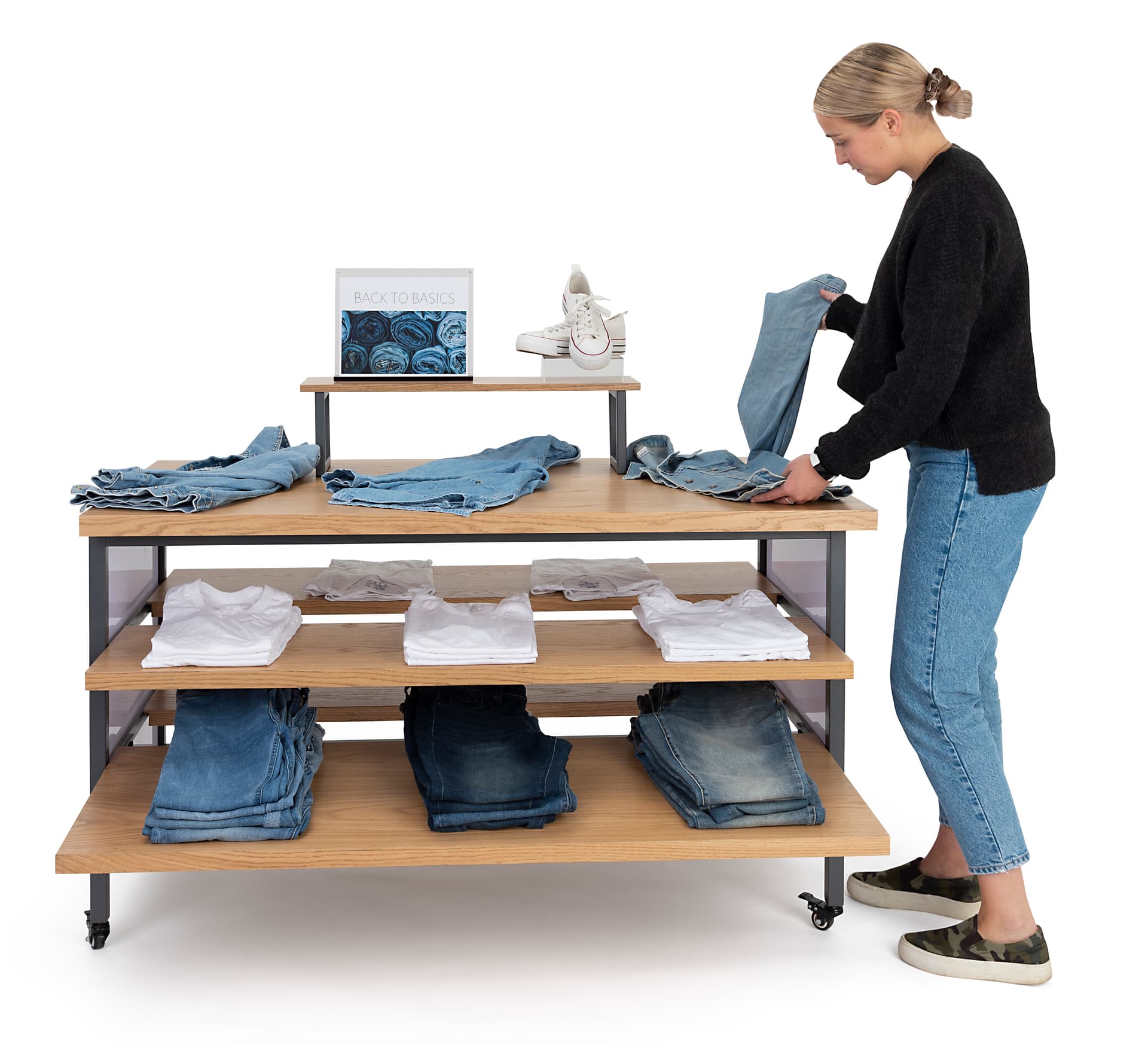 Tiered display table with wheels and double sided design