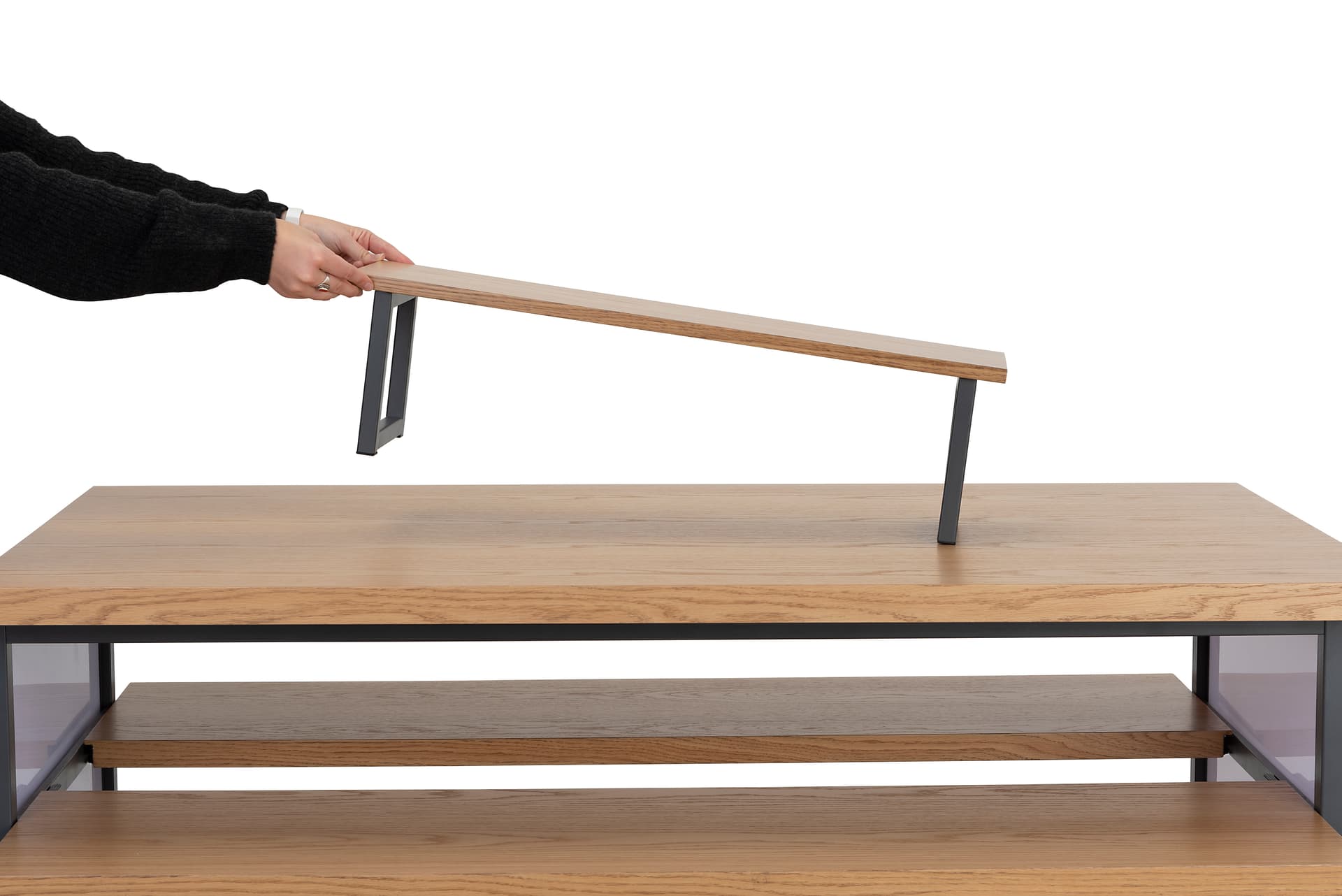 Tiered display table with wheels and optional top shelf riser