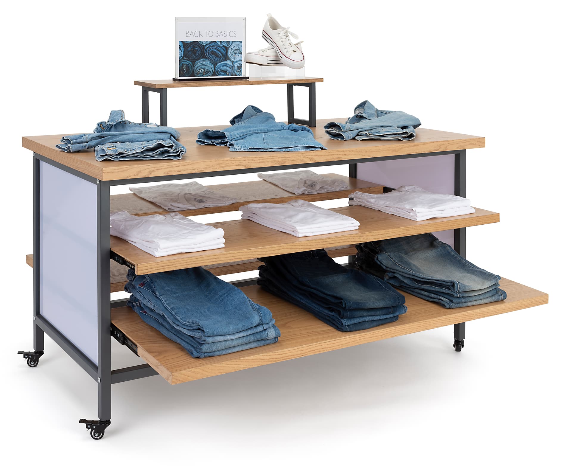 Tiered display table with wheels and max weight capacity of 330 pounds