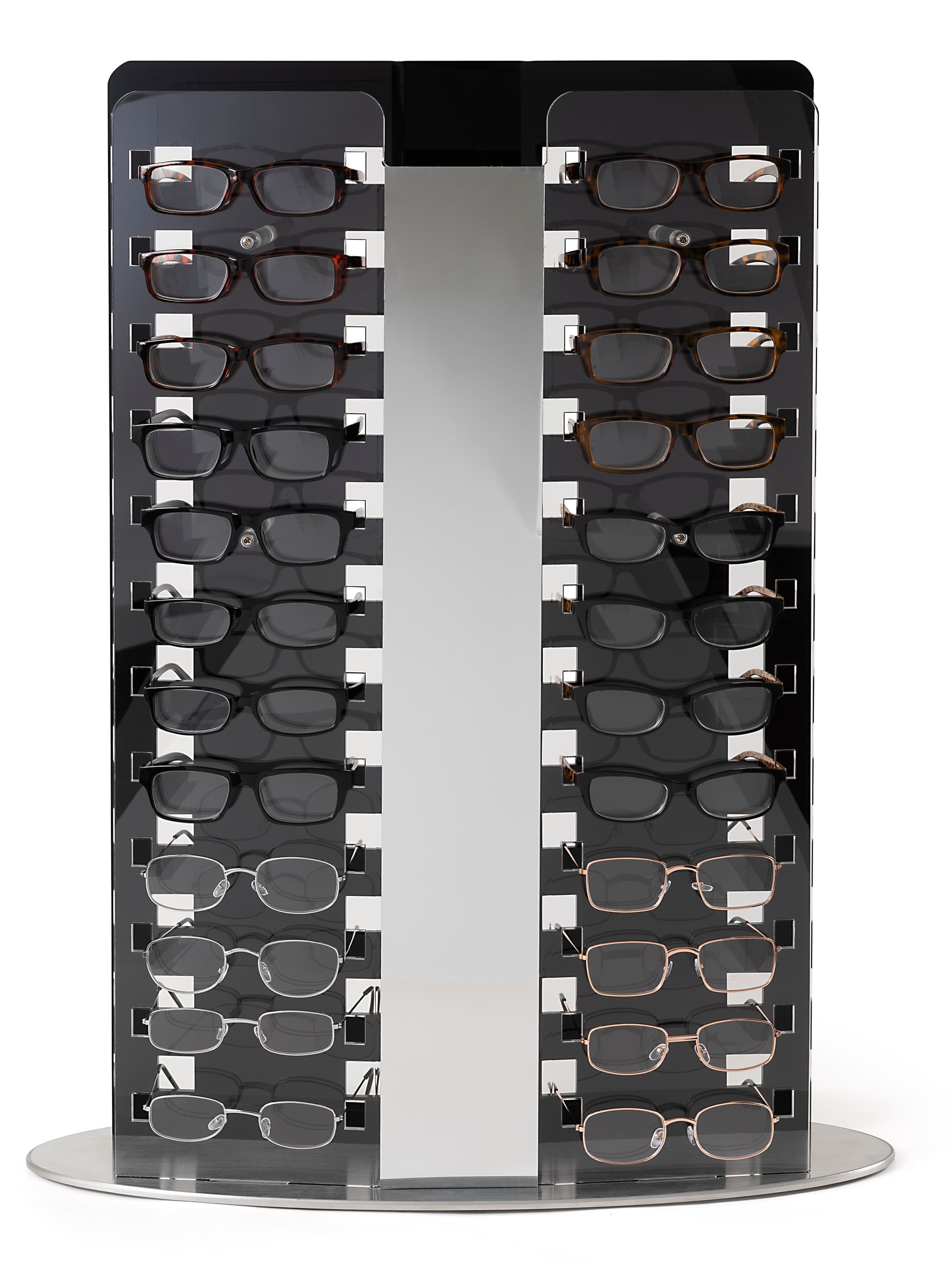 Retail eyeglass frame display with scratch resistant steel base