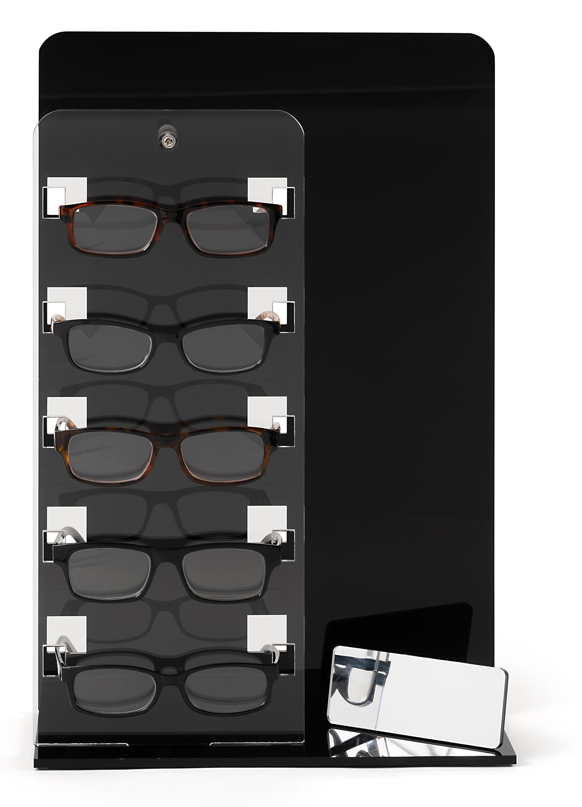Standing optical lens display with small mirror included