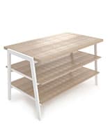 3 tier display table features wooden shelves with simulated oak grain finish