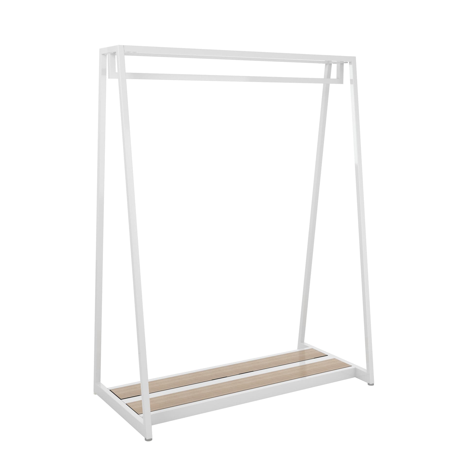 Retail clothes rack with white steel tubing construction 
