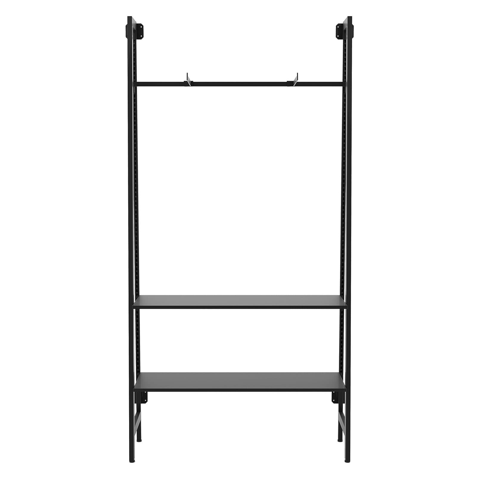 Wall mount a-frame outrigger features slotted channels for adjusting hanging accessories