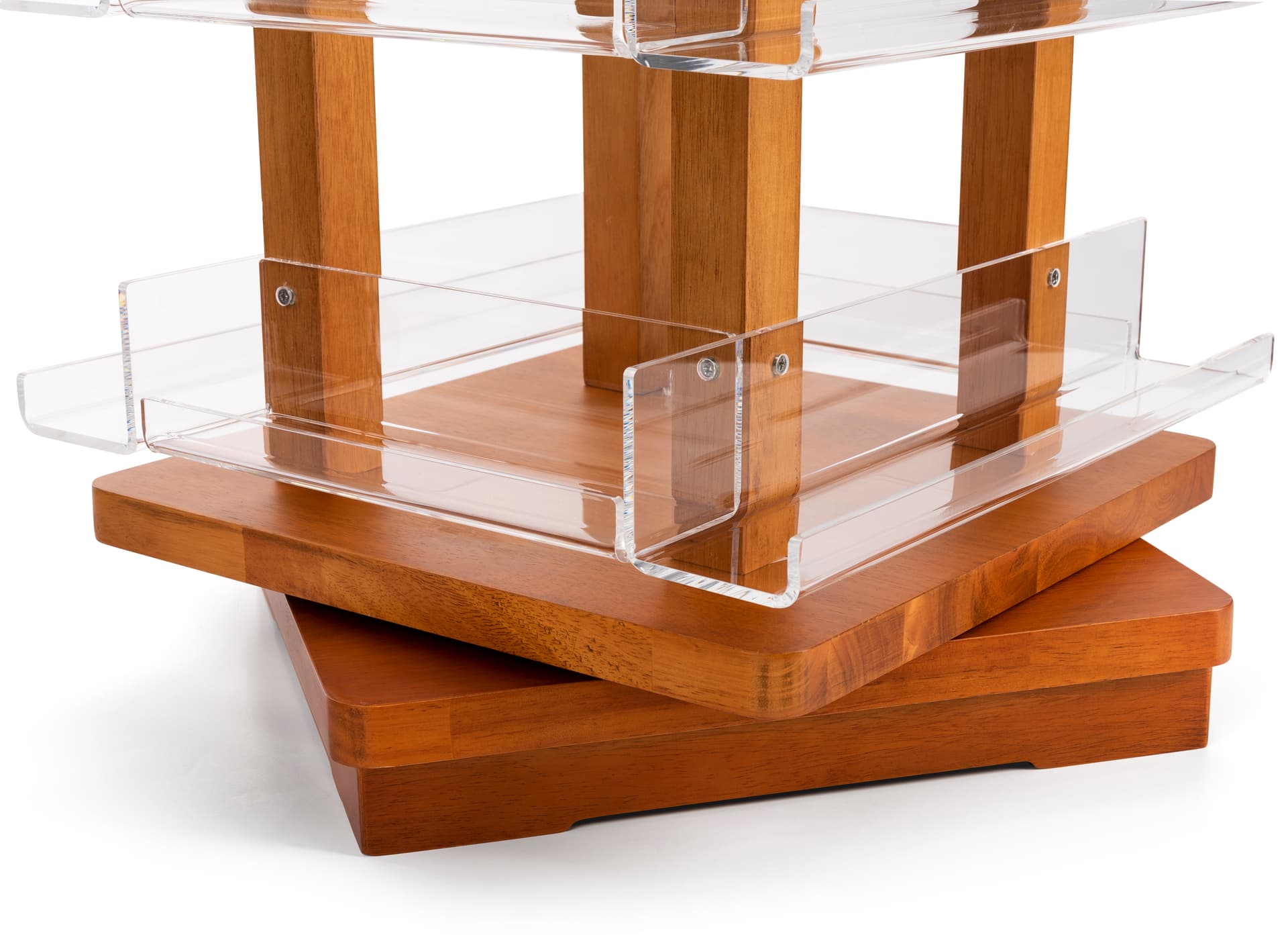Spinning wooden literature holder with 10 inch wide small shelves 