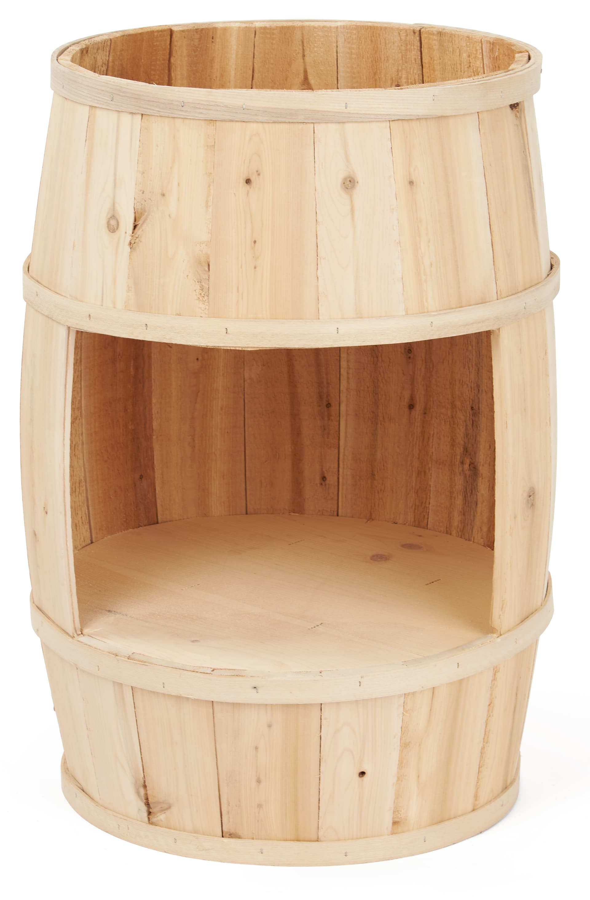 Bourbon barrel display case with overall height of 30 inches