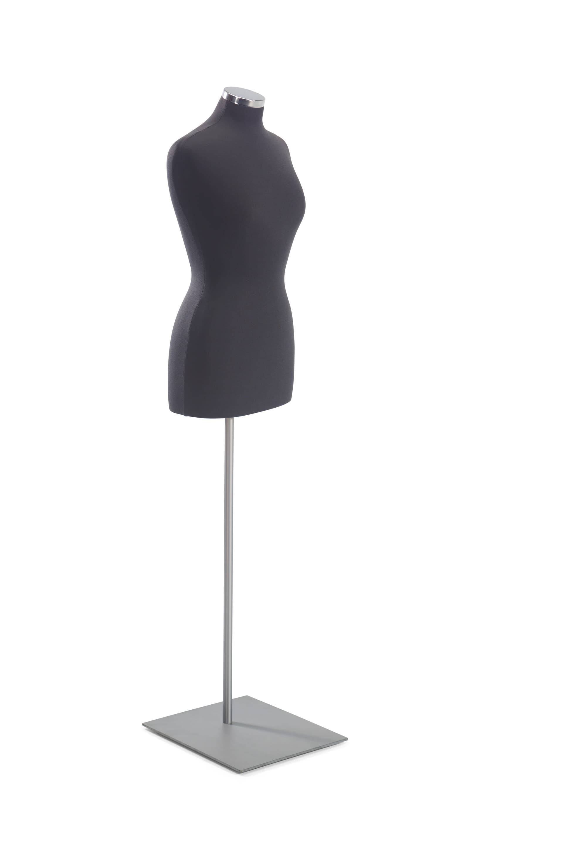 Female body form mannequin with brushed silver base