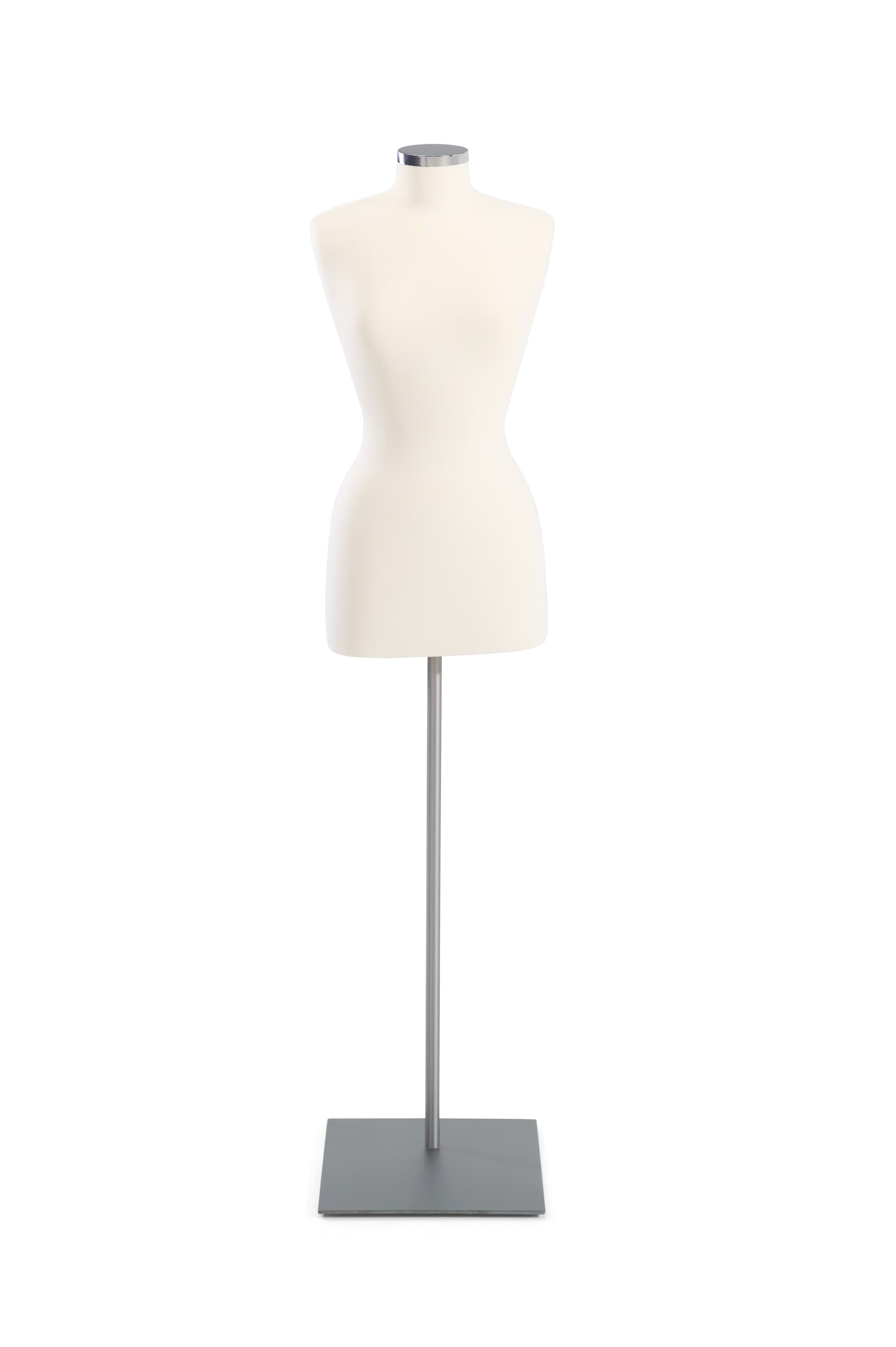 Female body form mannequin with flat metal base