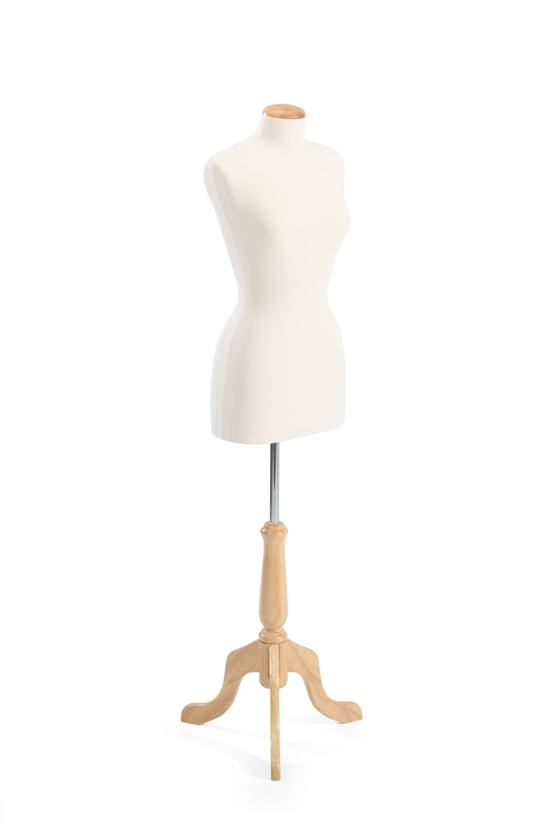 Female body form mannequin covered in ivory fabric