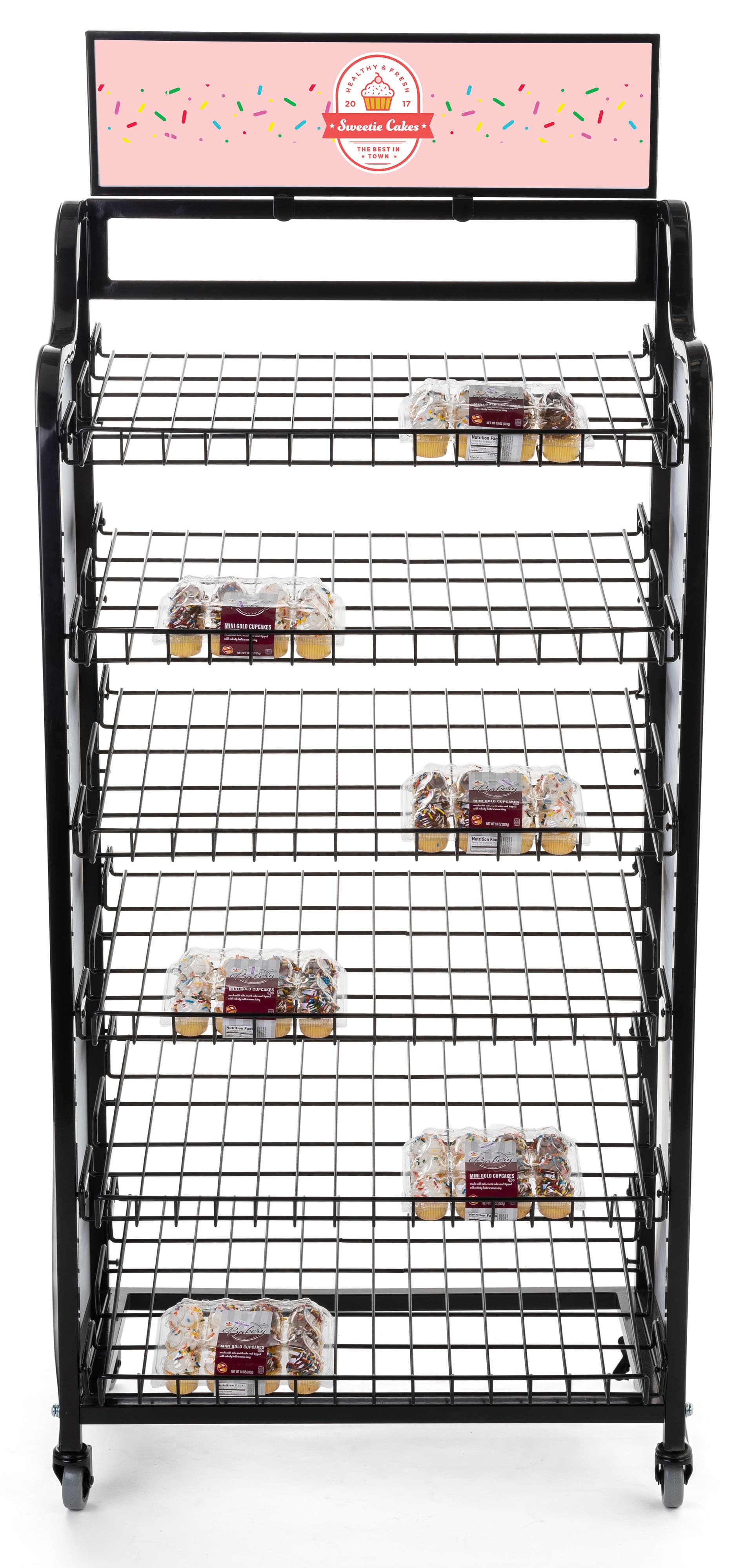 Custom bakery rack signage for BAKCRT6NBK  includes three personalized printed graphics with styrene construction