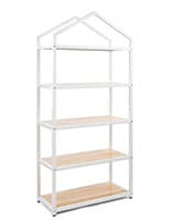 White metal and wood shelving unit with wrought iron frame 