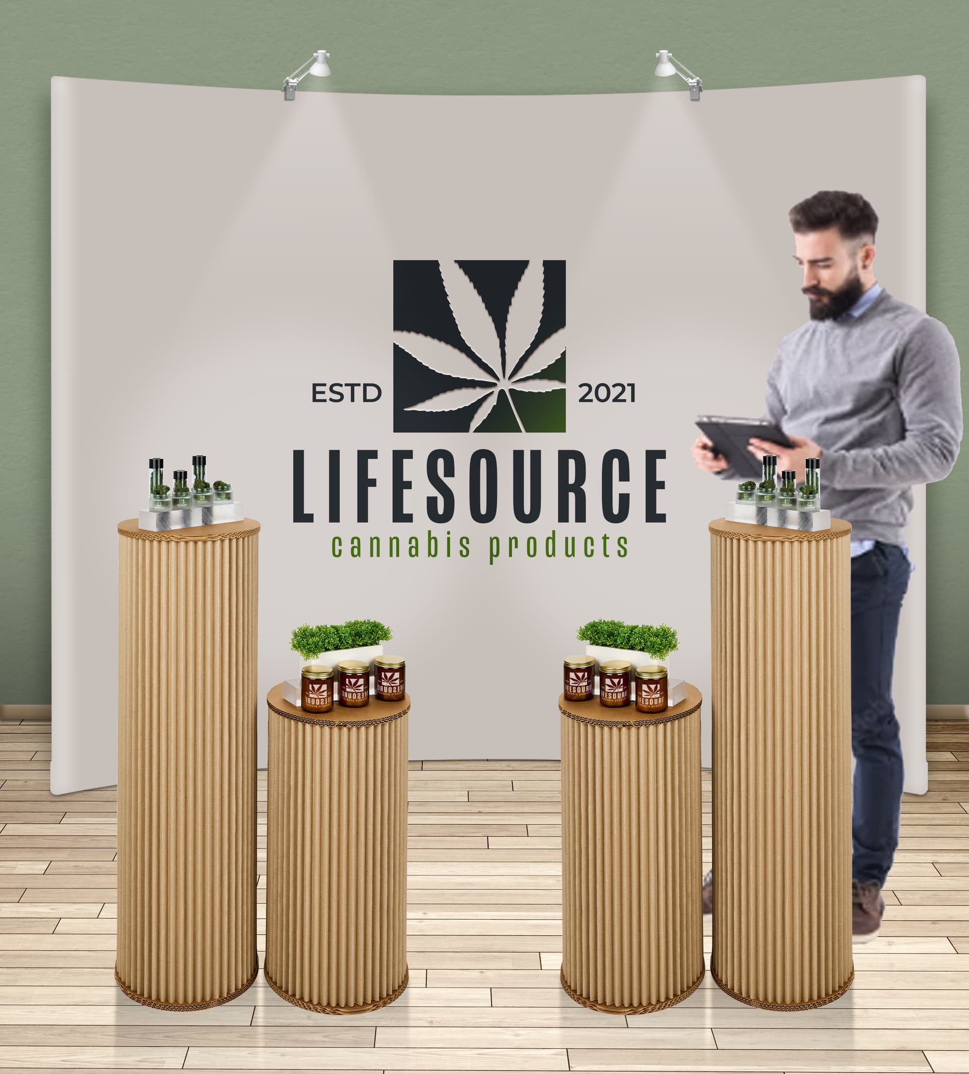 Round accordion display pedestals with greenprint feature