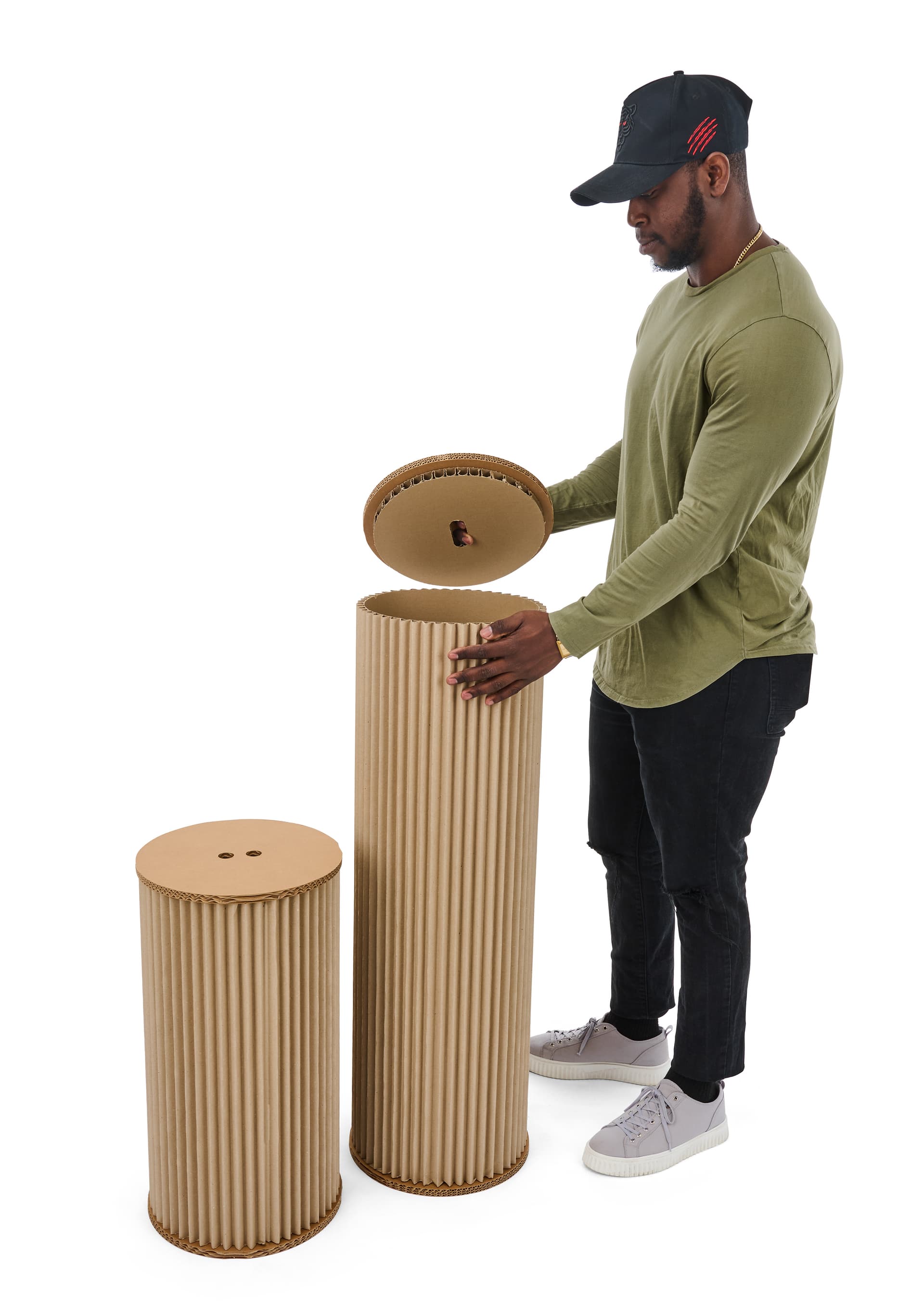 Round accordion display pedestals with eco-friendly features 