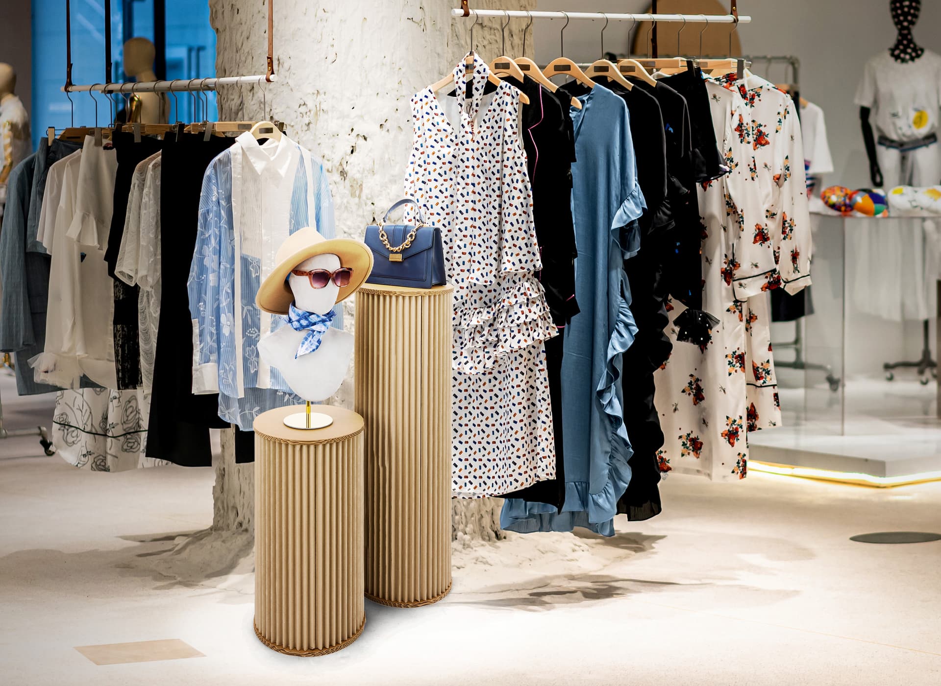 Round accordion display pedestals with Floor Standing Placement 