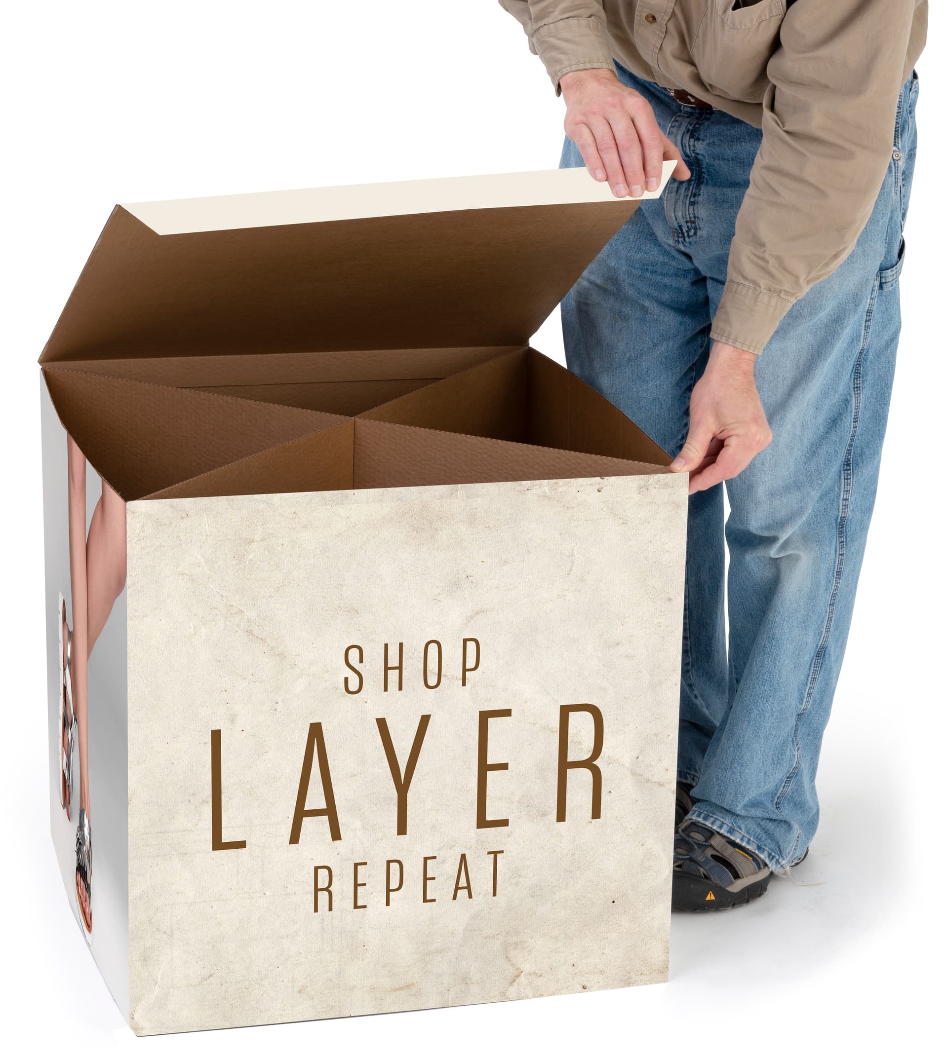 Branded cardboard display cube with five sided design and hollow bottom