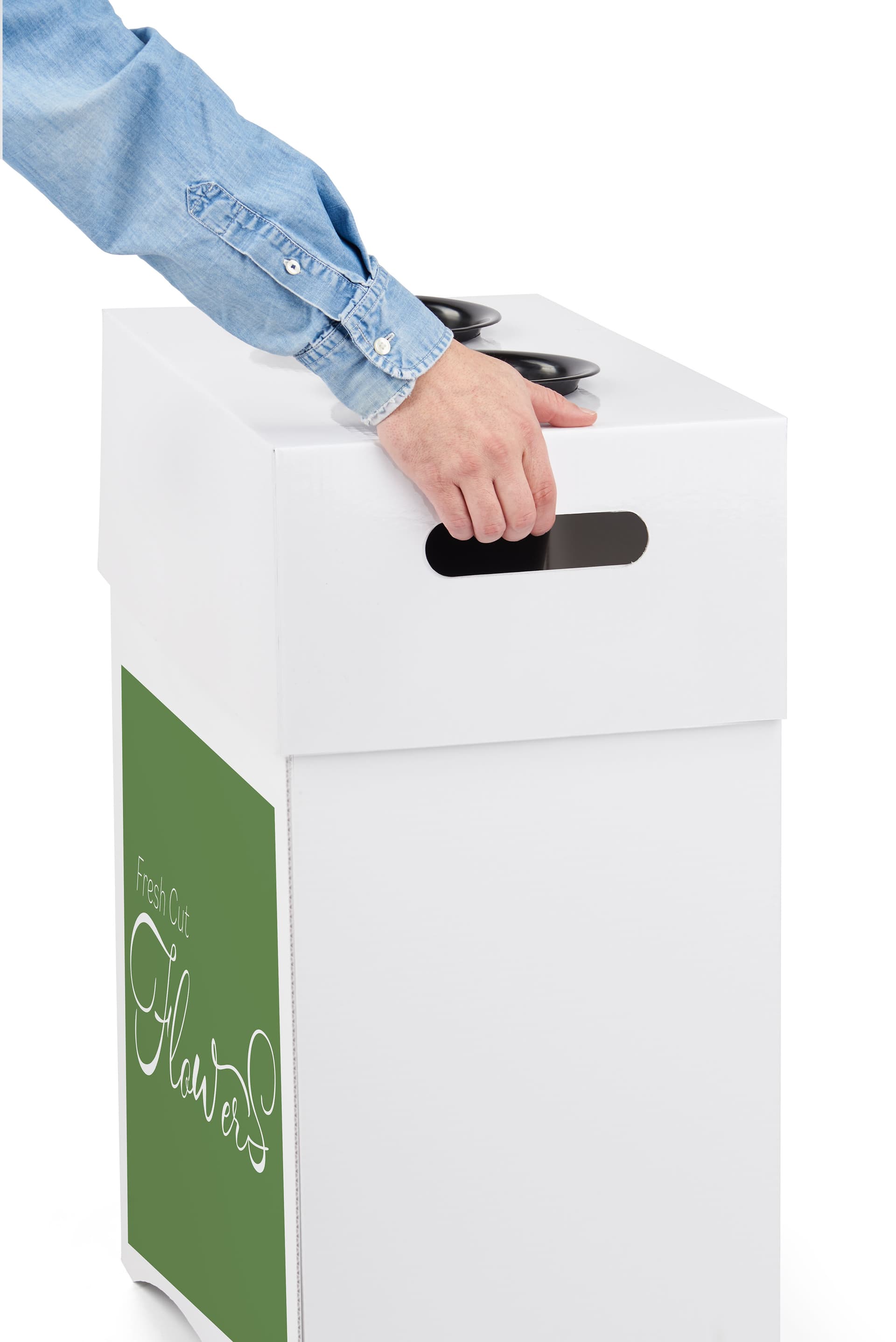 Commercial flower display stands with convenient handle cutouts