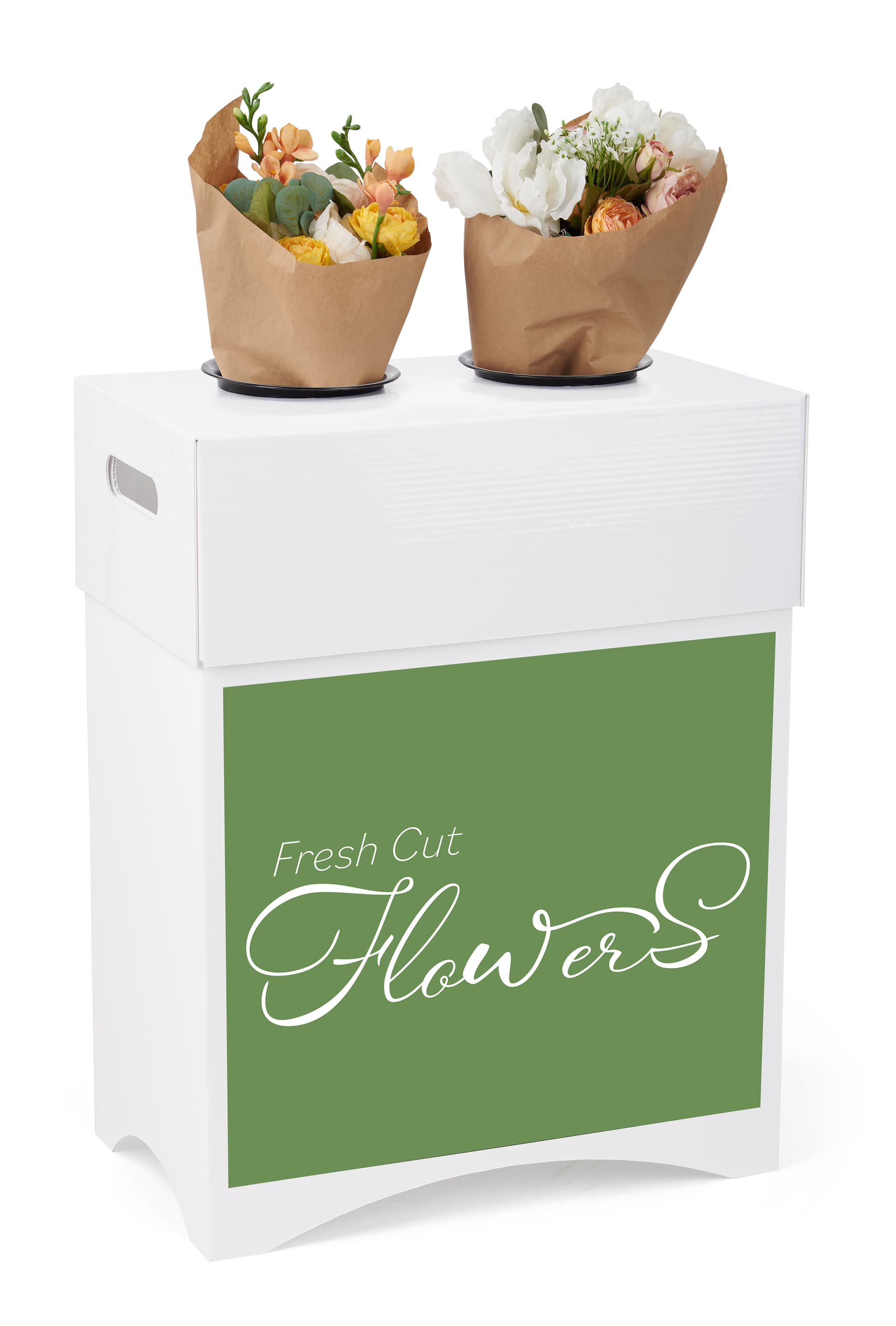 Commercial flower display stands with green stock graphic
